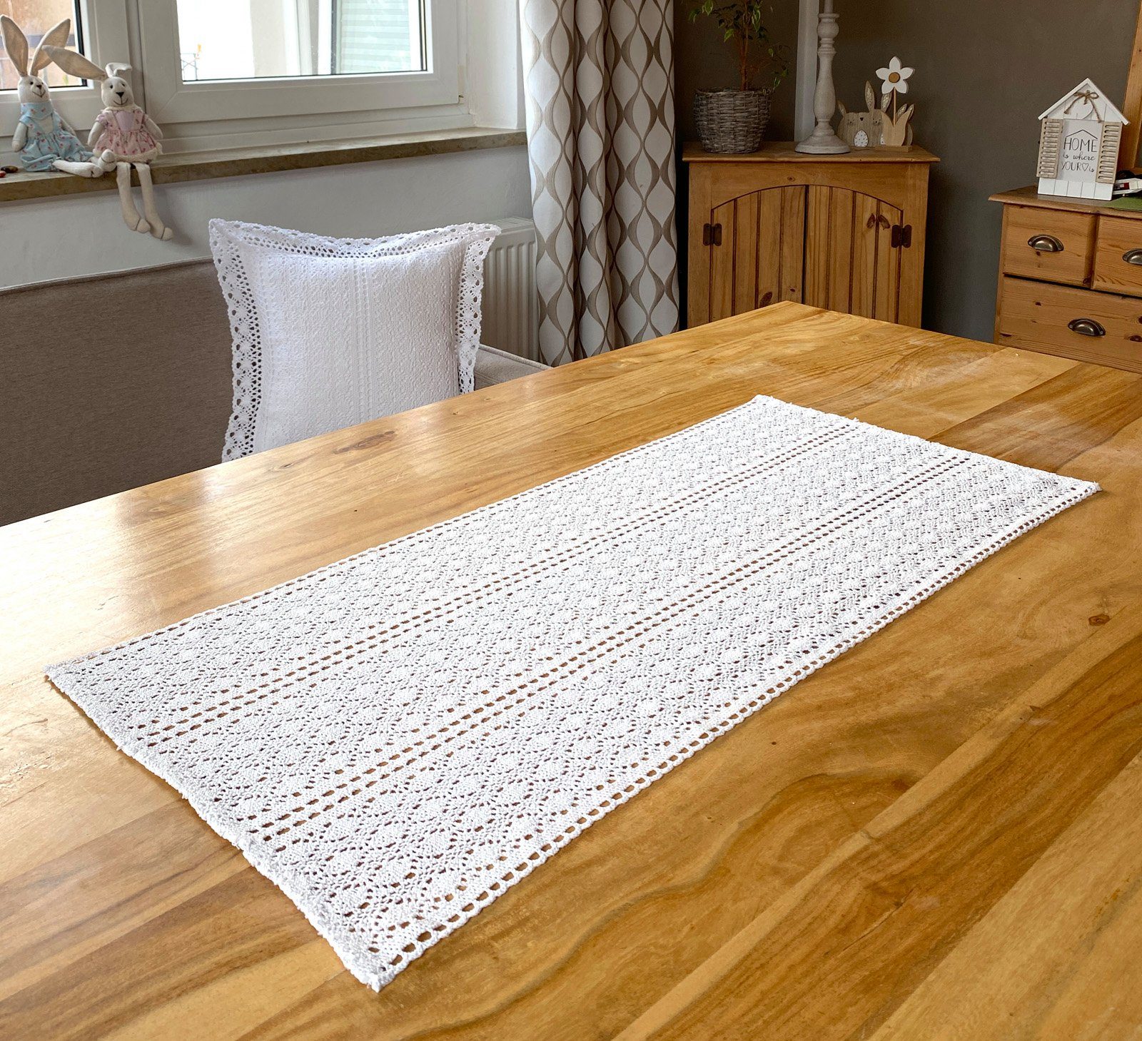 heimtexland Scheibengardine Deko Set Häkelspitze Gardine Kissen Tischdecke (1 St), ohne, blickdicht, Boho Kissenhülle 40x40 Makramee Spitze Häkel Dekokissen