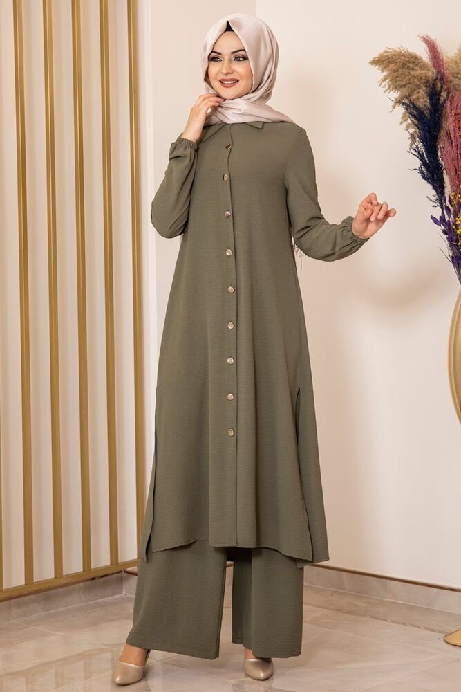 Modavitrini Longtunika Damen Anzug Zweiteiler Hose Stoff Kleidung Lange Aerobin Knöpfe, mit Tunika Hijab Khaki
