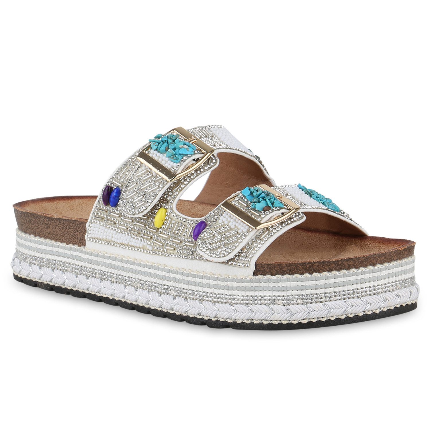 VAN HILL 841100 Sandalette Damen Pantoletten Sandaletten Strass Zierperlen Plateau