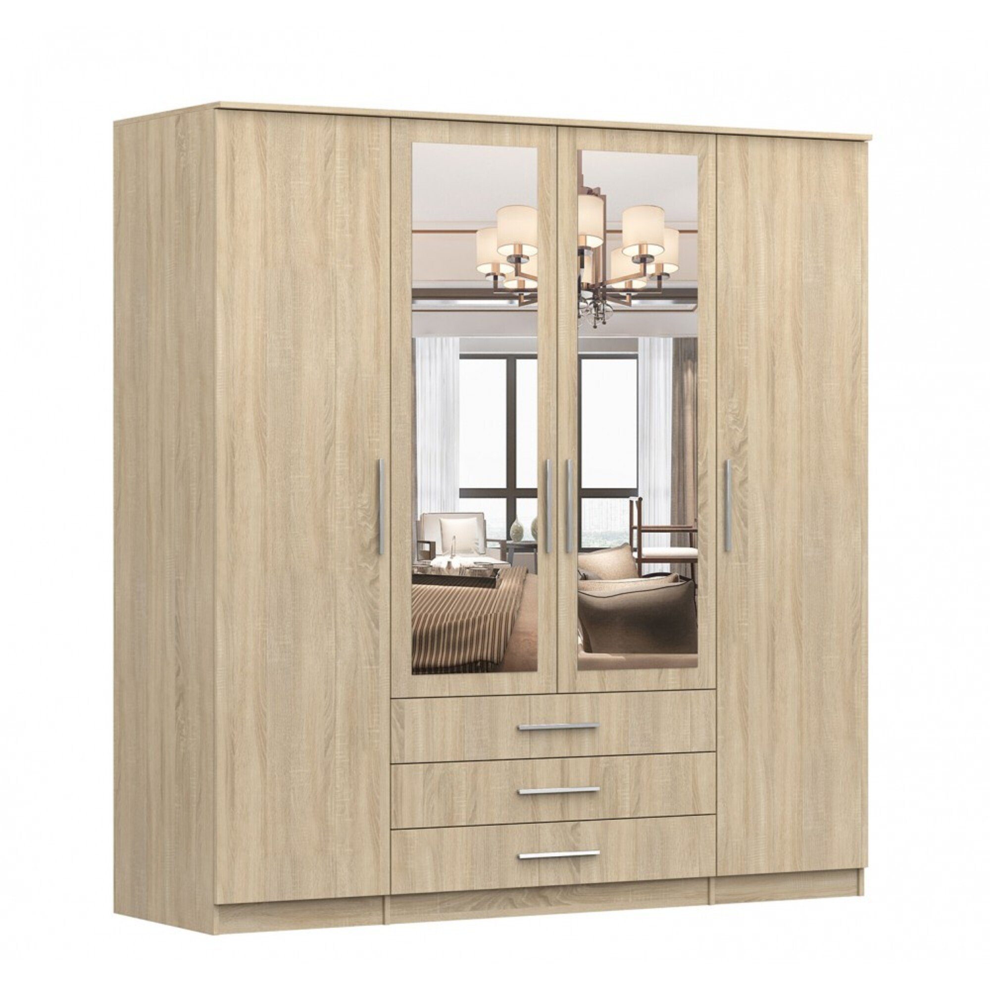 MOEBLO Drehtürenschrank RUTH 4D (mit Spiegel und Schubladen, Kleiderschrank 4-türig Schrank Garderobe Schlafzimmer) (BxHxT):200x210x64cm