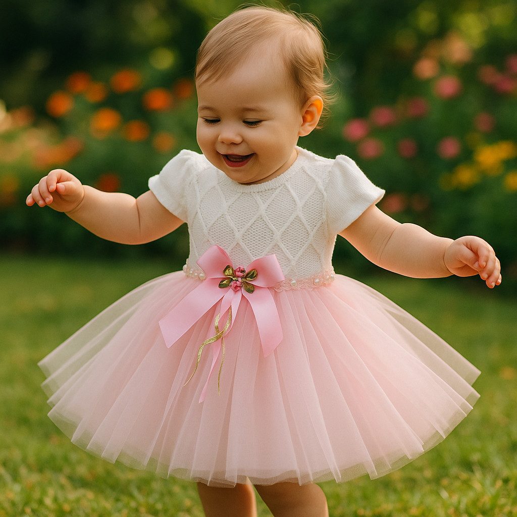 Taufkleid Mädchen Kleid, Prinzessin Kleid, Partykleid für Kleinkind, Weiß-Rosa