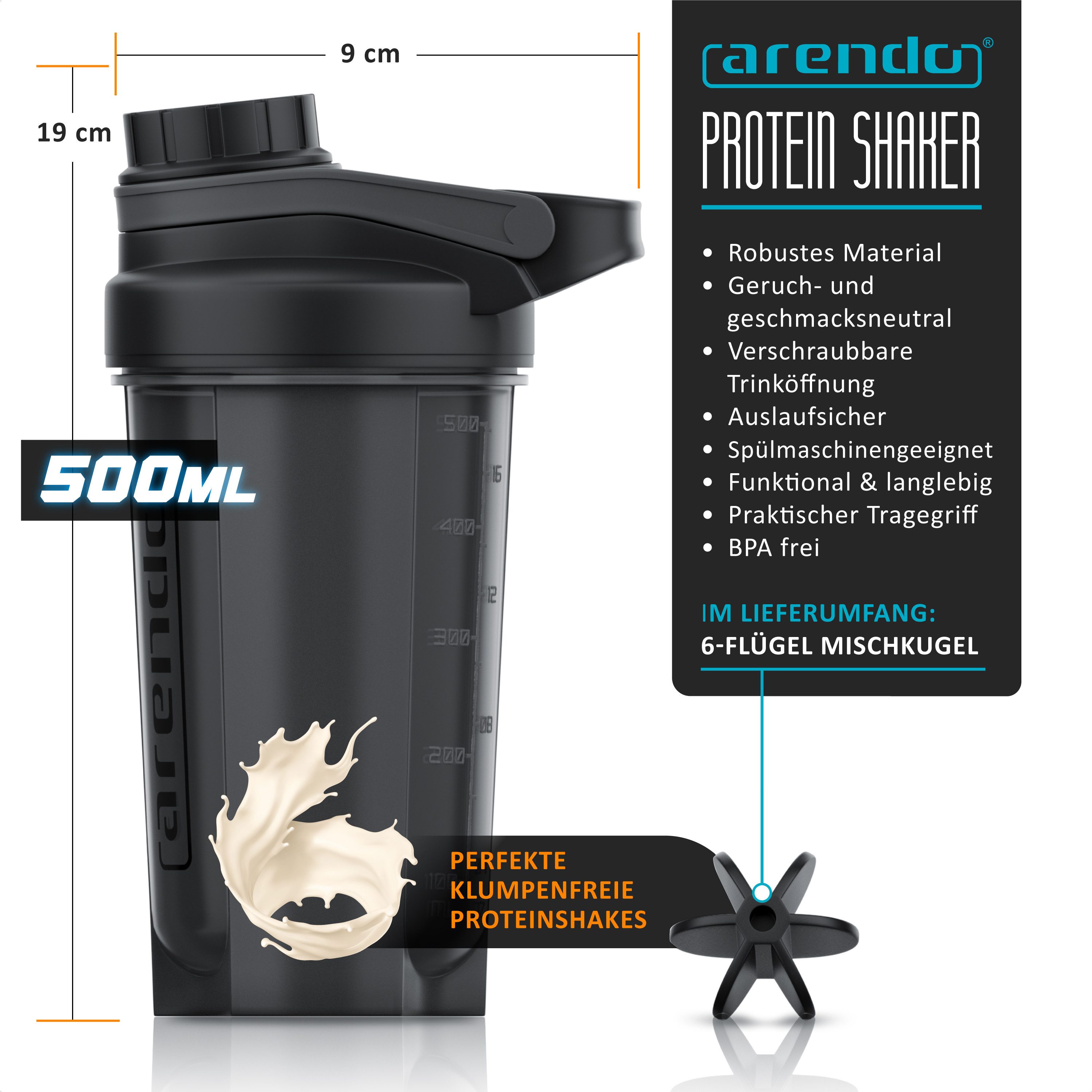Arendo Protein Shaker Eiweißshaker 600 ml, verschließbar, spülmaschinengeeignet, BPA Frei, Kunststoff, (1-tlg., Shaker inkl. Mixball), Eiweiß Mixbecher mit Mixball, für unterwegs, Yoga, Fitness, Sport