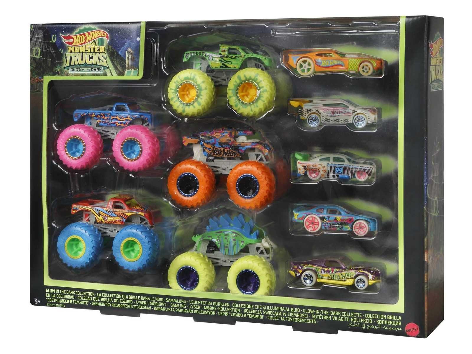 Mattel® Autorennbahn Hot Wheels Monster Trucks leuchtend im Dunkeln 10 Fahrzeuge 1:64 HCB57