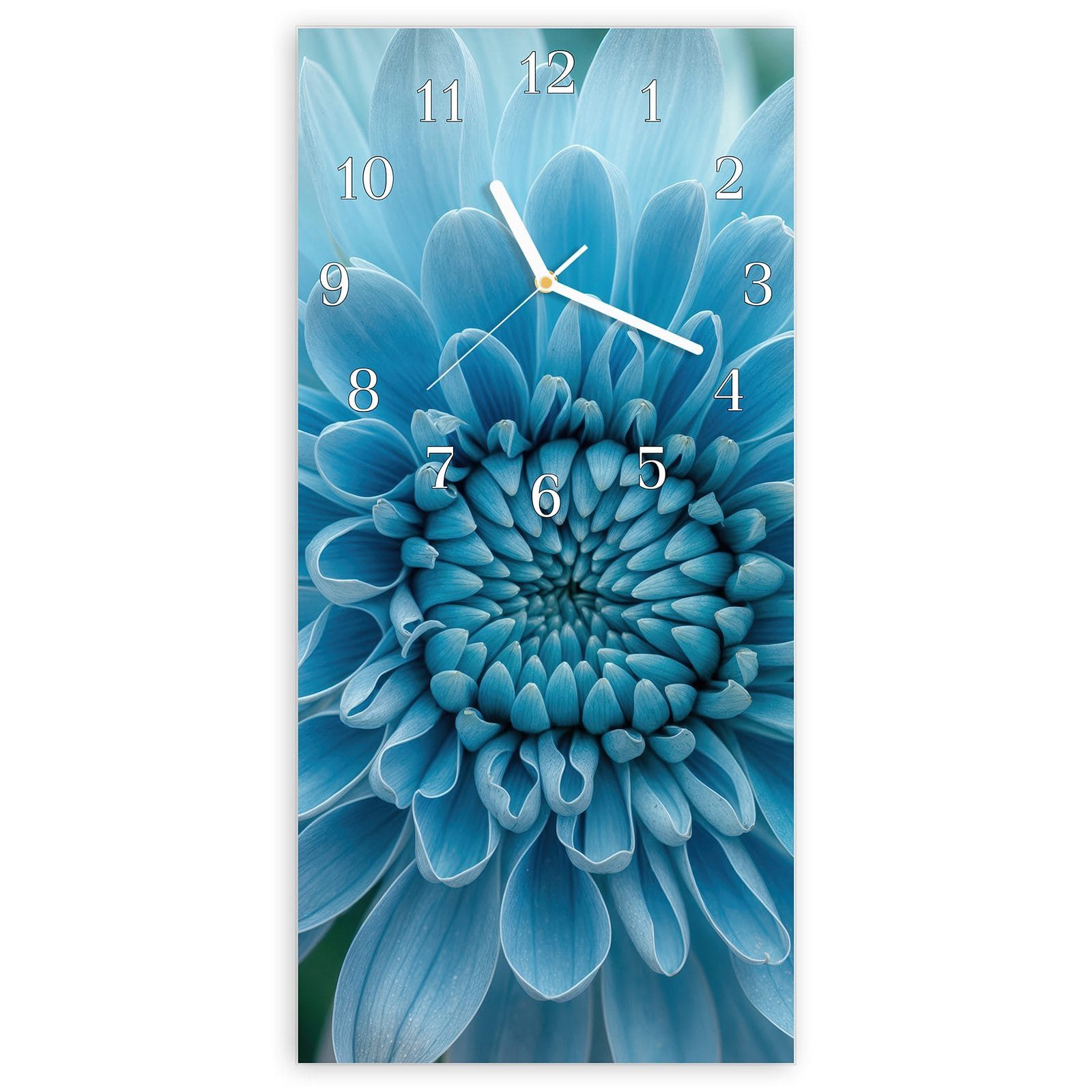Wanduhr Glasuhr Wandkunst Größe 30 x 60 cm mit Motiv Blaue Blume