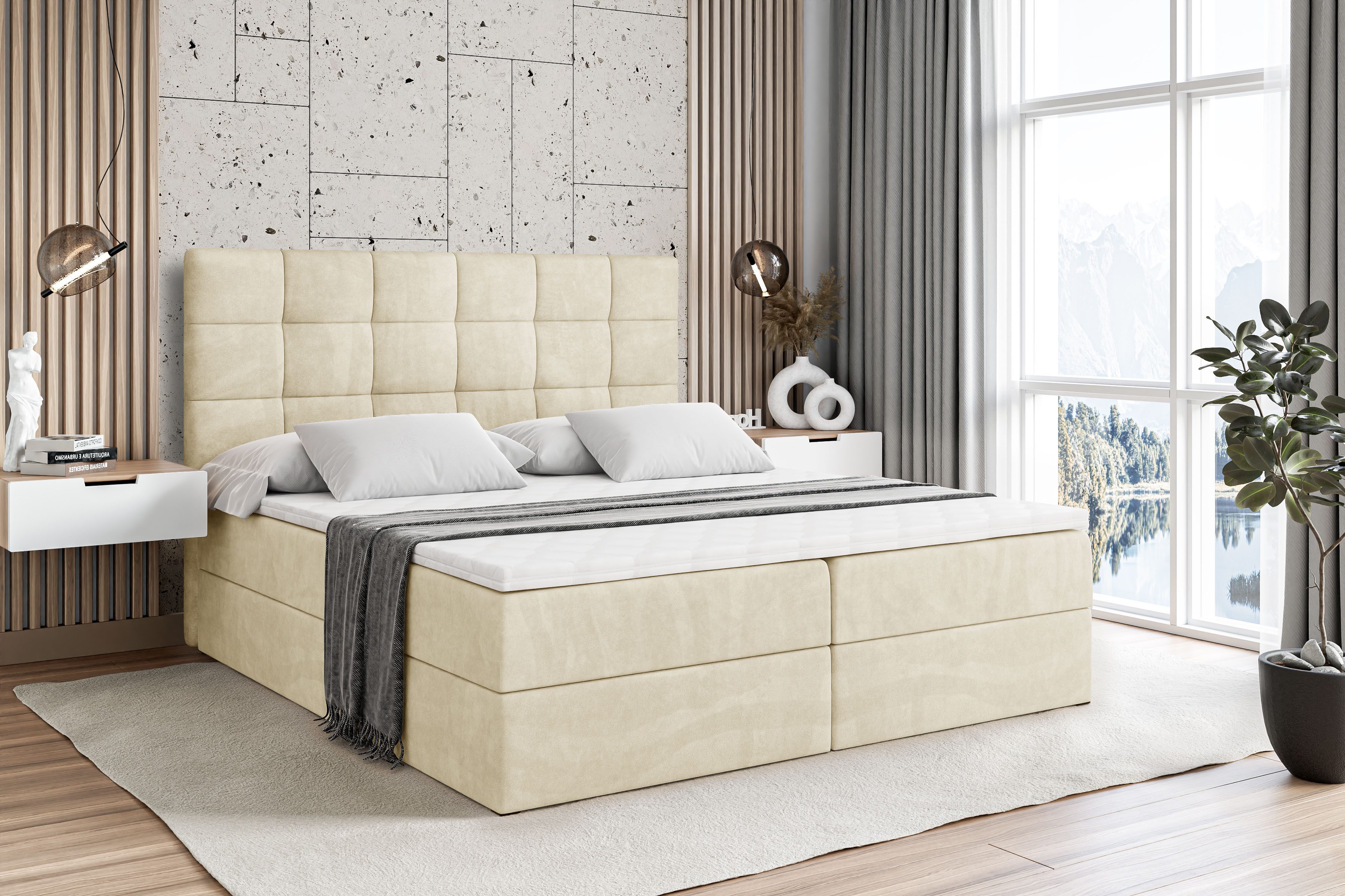 ALTDECOR Boxbett BRUGO (mit Matratze Lattenrost Topper Polsterbett mit Bettkasten Doppelbett), H4 Multipocket / H3 Bonellfederung, Springboxbett Boxspringbett