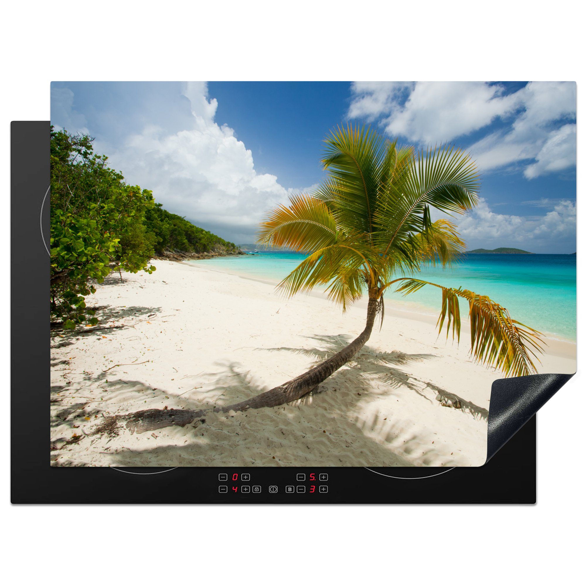 MuchoWow Herdblende-/Abdeckplatte Eine Palme am Strand des Virgin Islands National Park, Vinyl, (1 tlg), 70x52 cm, Mobile Arbeitsfläche nutzbar, Ceranfeldabdeckung