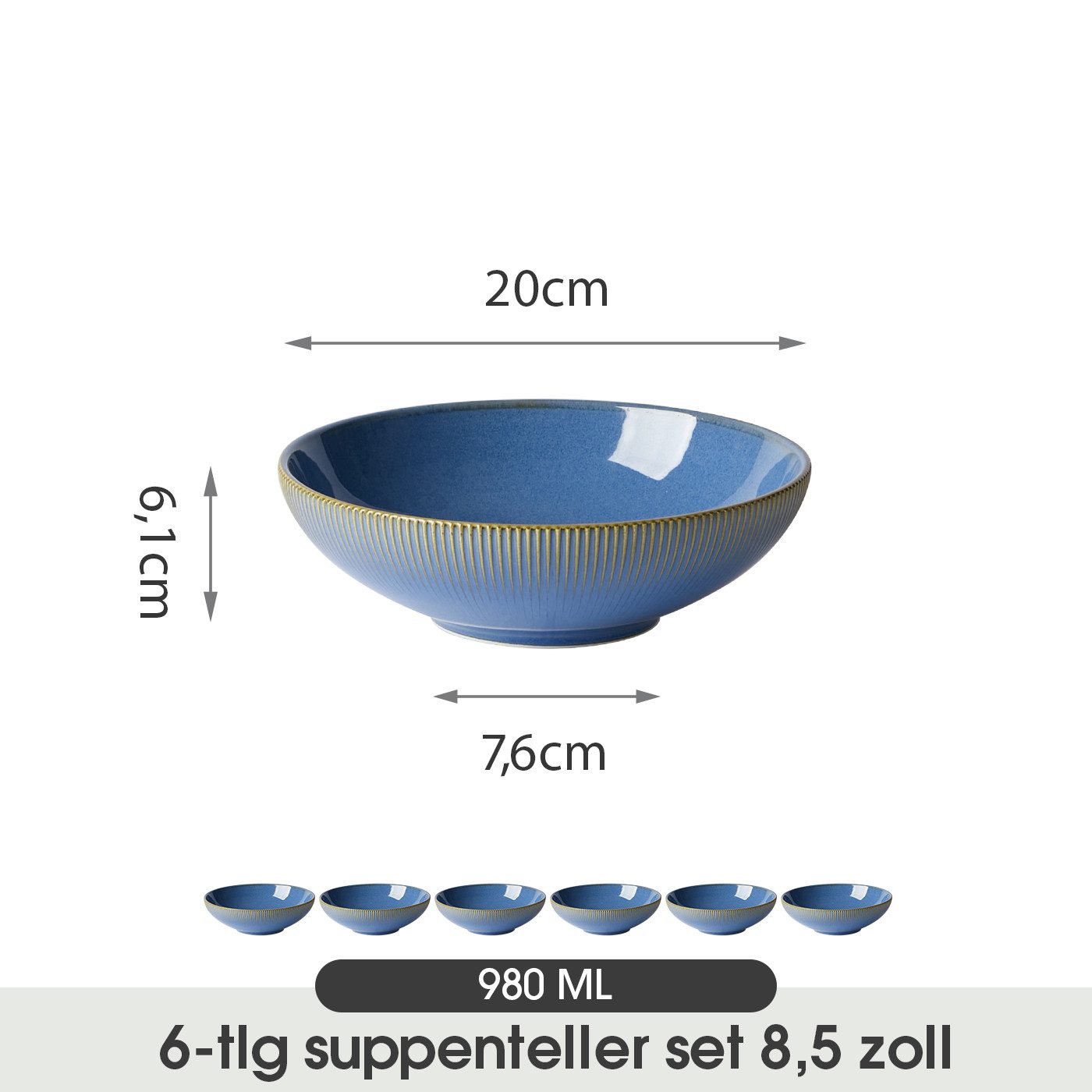 JIWOO Suppenteller 6er Ø20cm Speiseteller Salatteller Pastateller Teller Suppenschüssel, (6 St), Hochwertiges Tellerset Blau Mikrowellen- und spülmaschinenfest Ø20cm