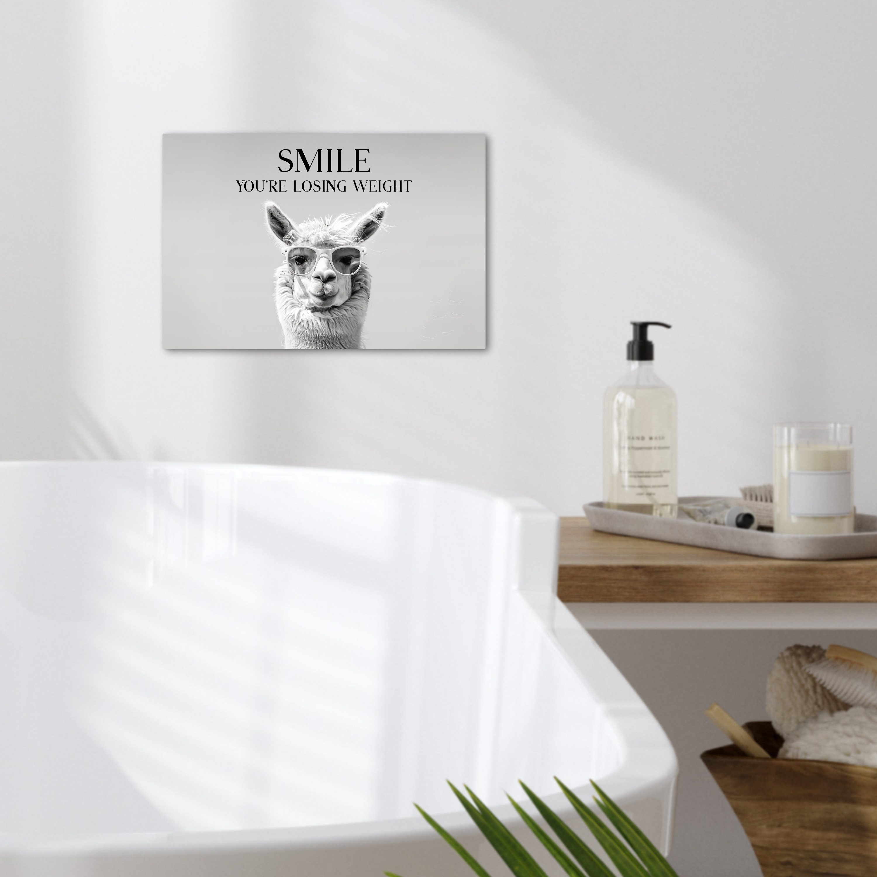OneMillionCanvasses® Leinwandbild Zitat - Lama - Smile - Sprüche - Grau, Fotodruck (1 St), Bilder für Badezimmer, Bad und Toiletten Deko, Bild WC 30x20 cm – Bild 2 von 5