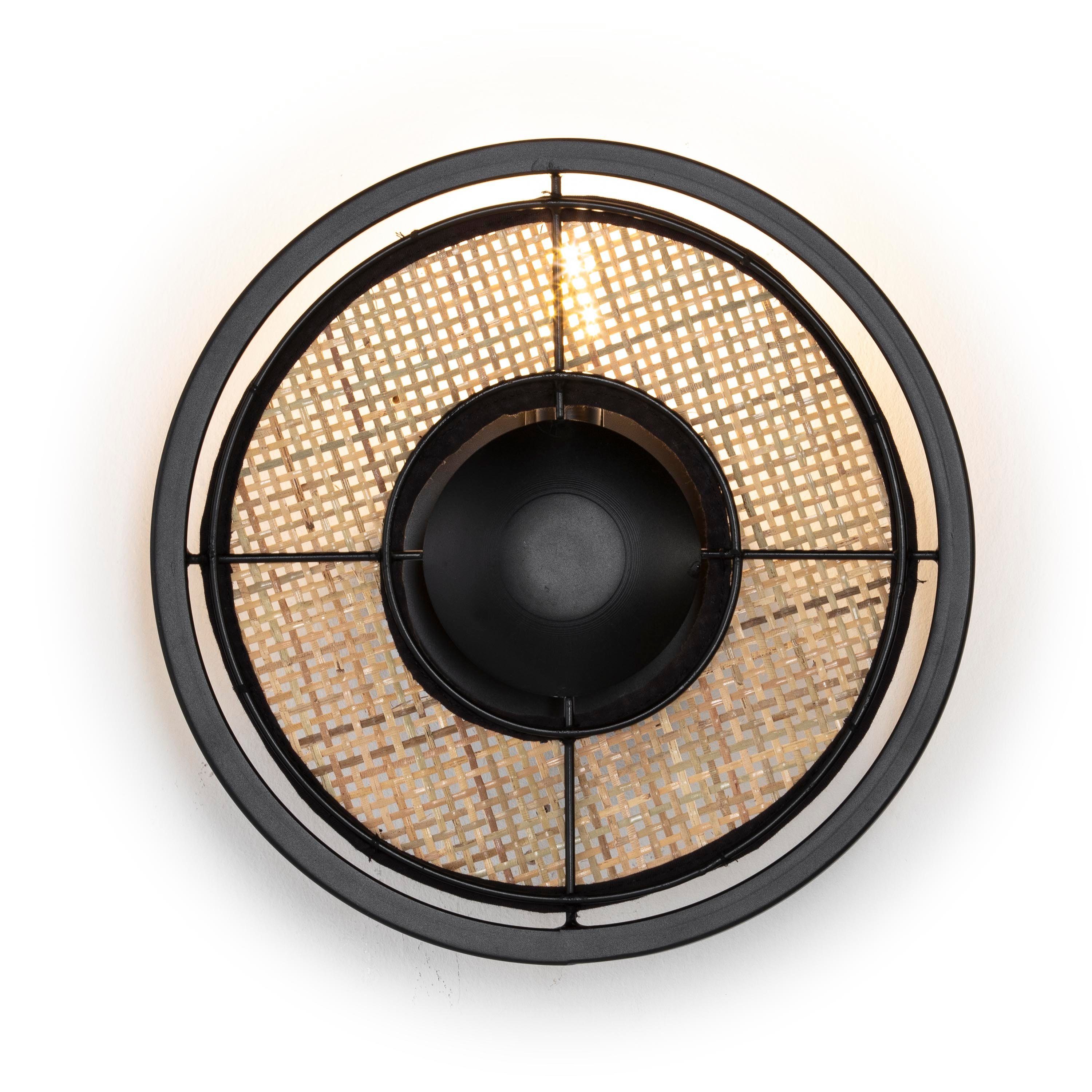 Ideas Rattan Metall Leuchtmittel, mit mit Wandleuchte schwarz Cosy Wandlampe ohne Geflecht warmweiß, Wandleuchte rund, Home