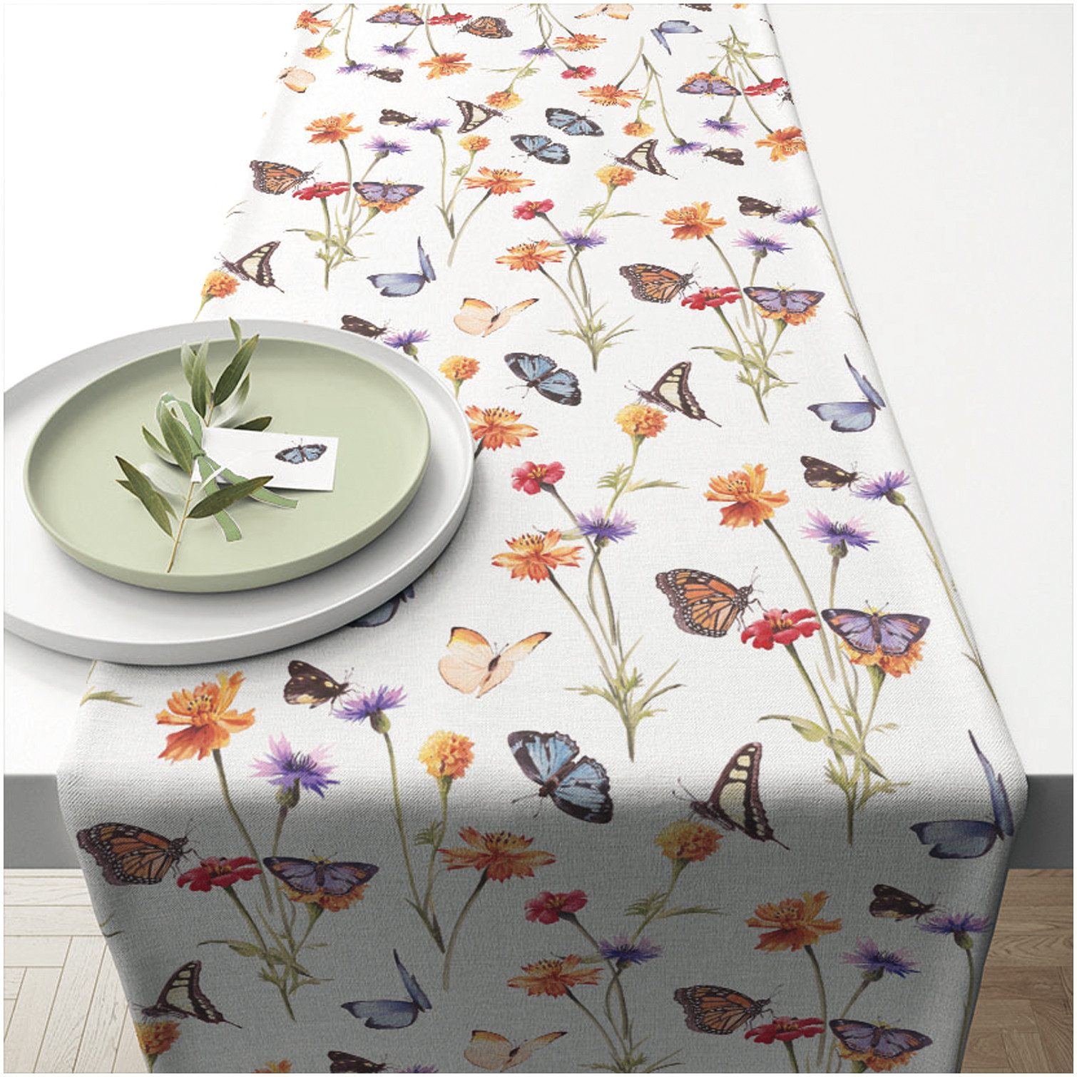 Ambiente® Tischläufer Butterfly garden (1-tlg, 1-teilig), Tischläufer Tischdecke ca.40x150cm Baumwolle