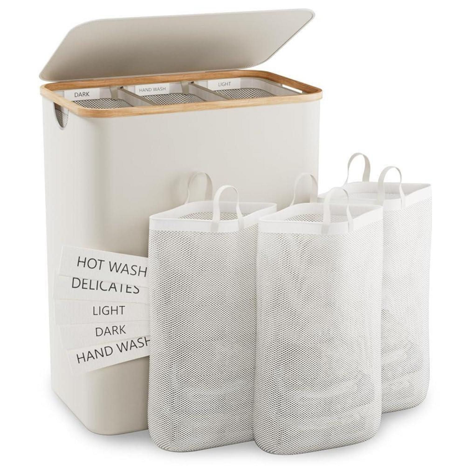 LuxusKollektion Wäschekorb Wäschekorb Deckel 3 Fächer Wäschesack Waschküche 145L Beige