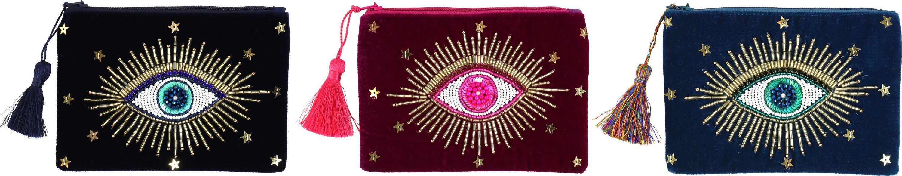 FURNARO Handtasche (3-tlg. Taschenset), Aufwendig besticktes Augenmotiv mit Perlen und Zierdetails