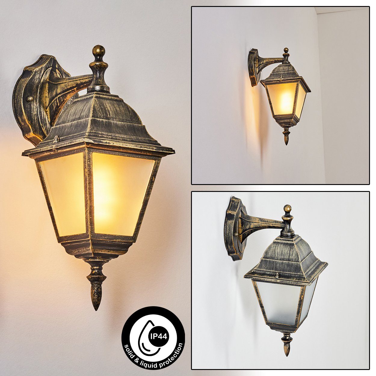 hofstein Außen-Wandleuchte Wandlampe abwärts in antikem Look aus Metall/Glas in Braun-Gold, ohne Leuchtmittel, im klassischen Landhaus-Stil, Außenleuchte für Terrasse, E27, IP44