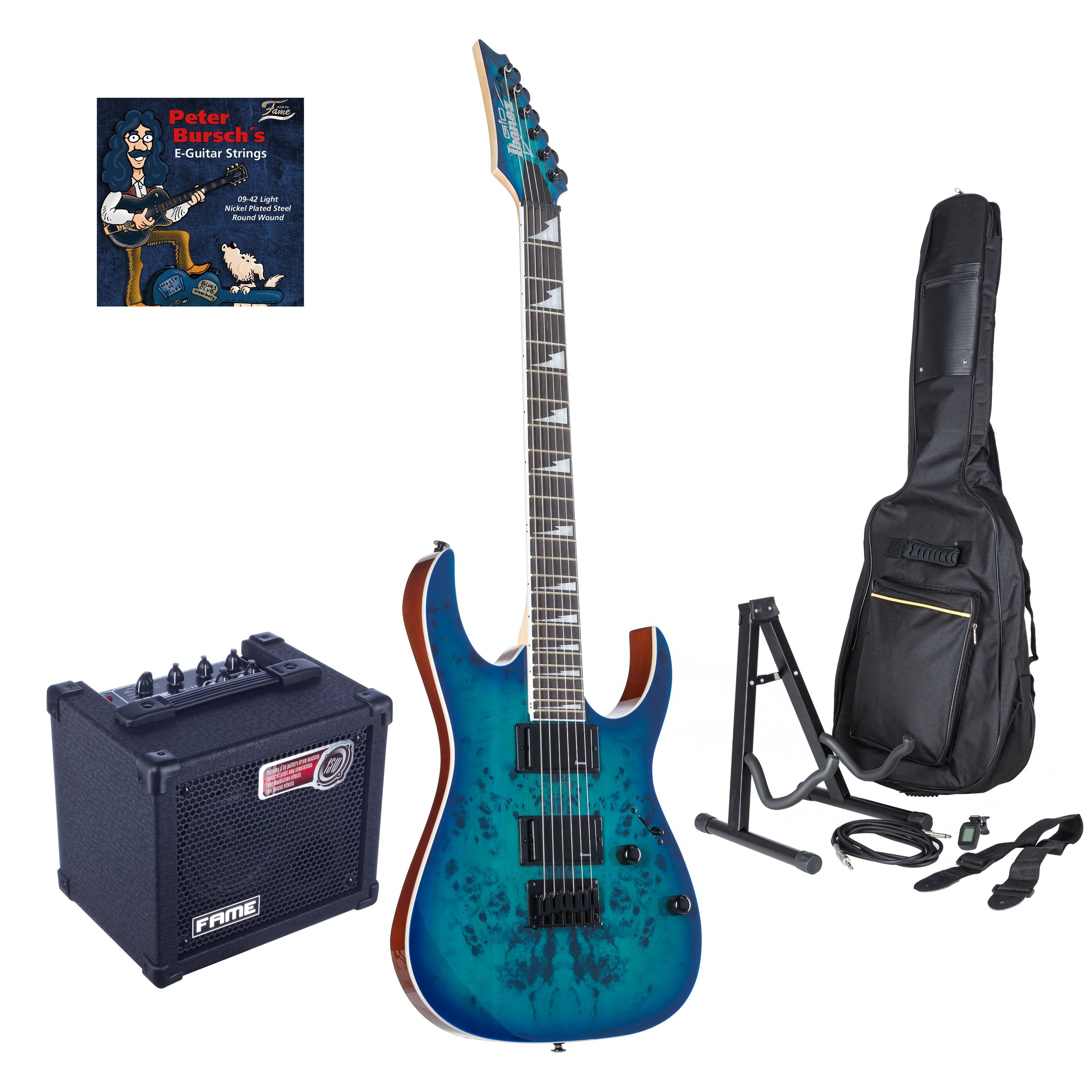 Ibanez E-Gitarre, E-Gitarren Set Aqua Burst 24 Bünde Jumbo Griffbrett Sharktooth Inlays Hardtail Bridge inklusive Zubehör Pack und E-Gitarrensaiten, E-Gitarren, E-Gitarren-Sets, GRGR221PA-AQB + DC 15 - E-Gitarren Anfänger Set