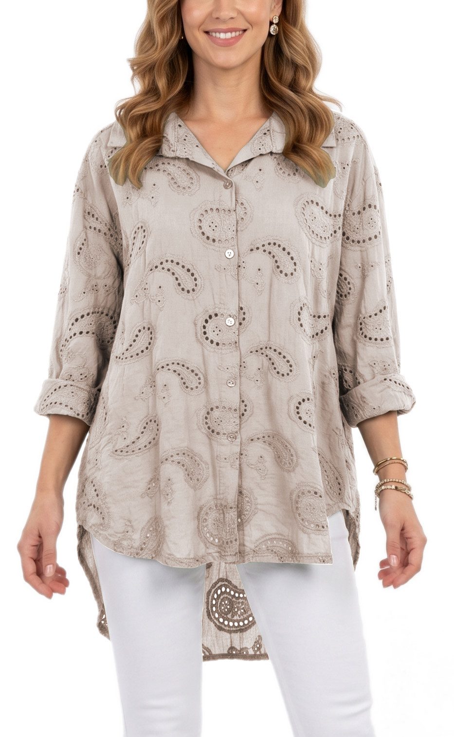 dy_mode Longbluse Damen Longbluse Oversize Tunika Boho Baumwollbluse Sommerbluse in Unifarbe, mit Paisley Lochstickerei, in Vokuhila-Schnitt