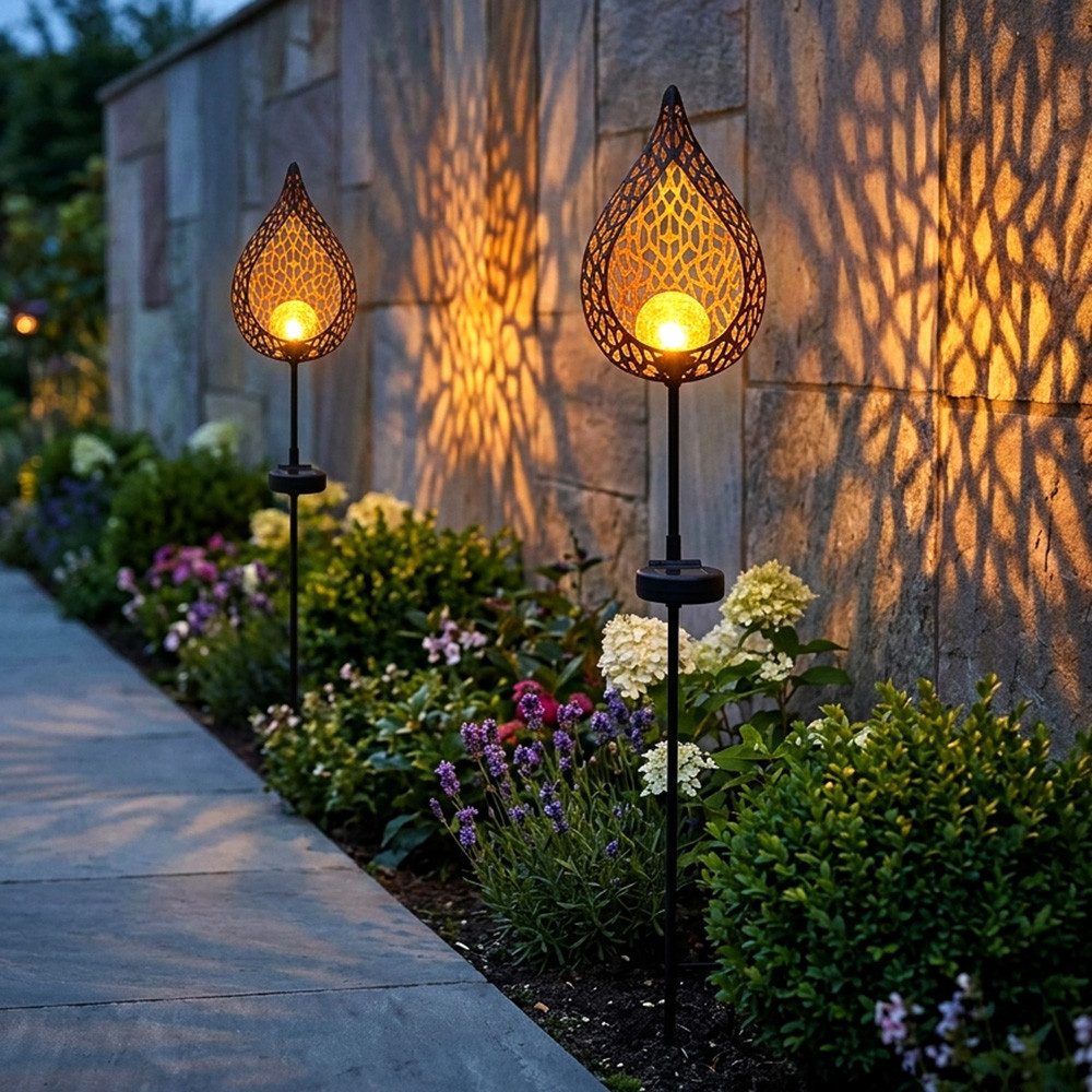 GLOBO LIGHTING Außen-Stehlampe, LED-Leuchtmittel fest verbaut, Warmweiß, LED Solar Lampe Flammen Optik Glas Kugel Steck Strahler gold Garten
