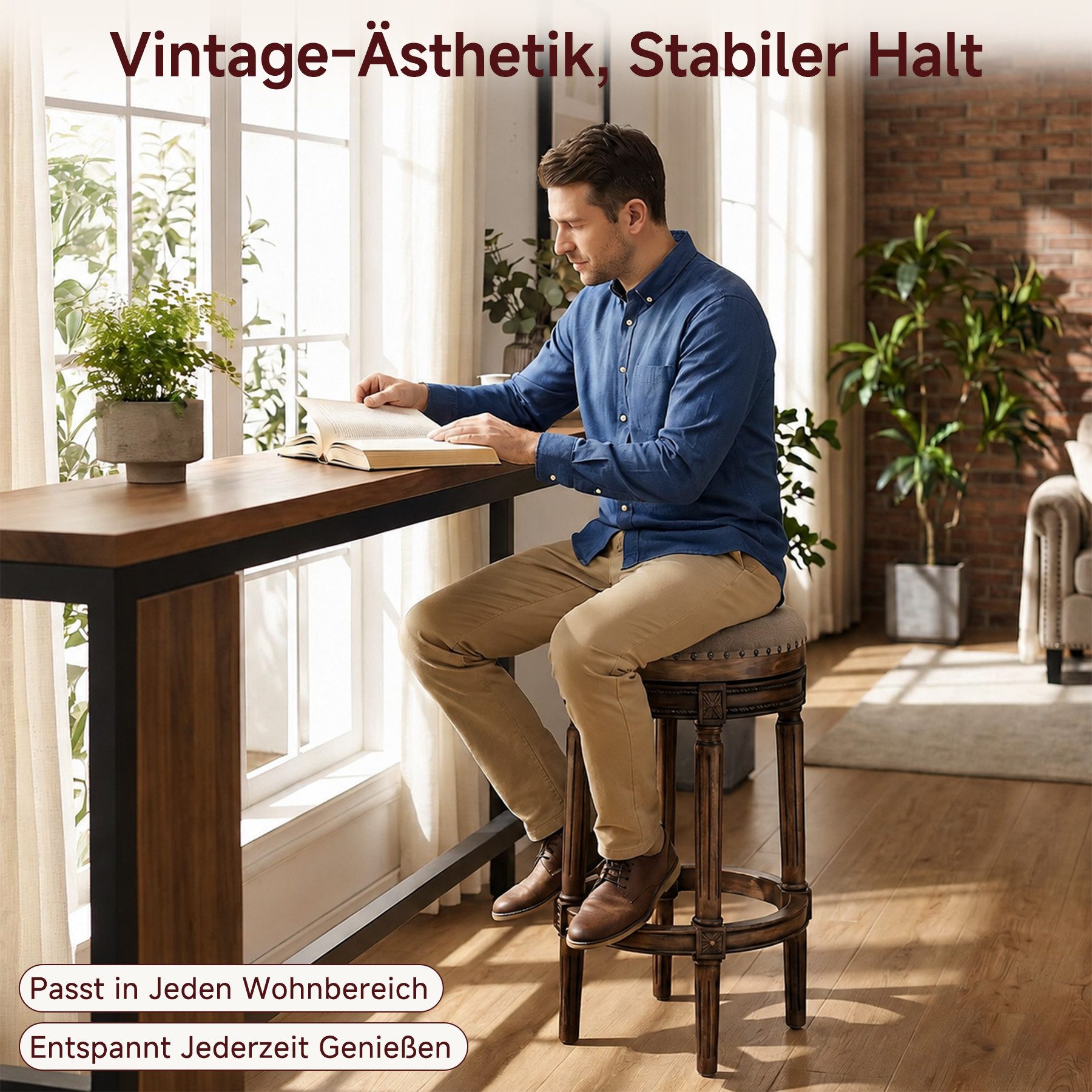 HomeMiYN Barhocker L38 CM Rund Schaumstoff-Sitz Retro Holz Barstühle/Sitzhocker (2 St), Barhocker Holz im Vintage Design, gepolsterter Sitz, für Küche & Bar – Bild 2 von 5