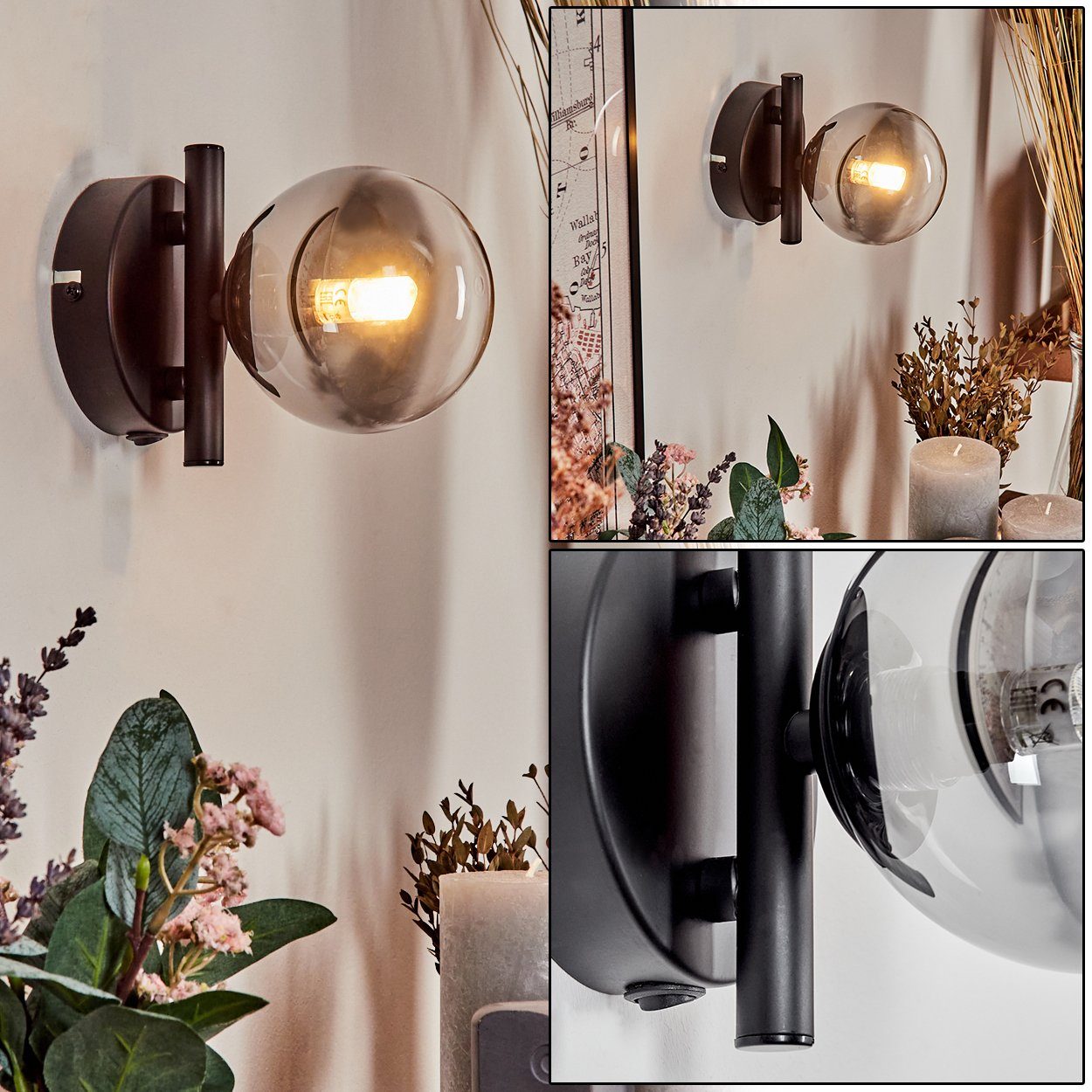 hofstein Wandleuchte Wandlampe aus Metall/Glas in Schwarz/Rauchfarben/Klar, günstig online kaufen