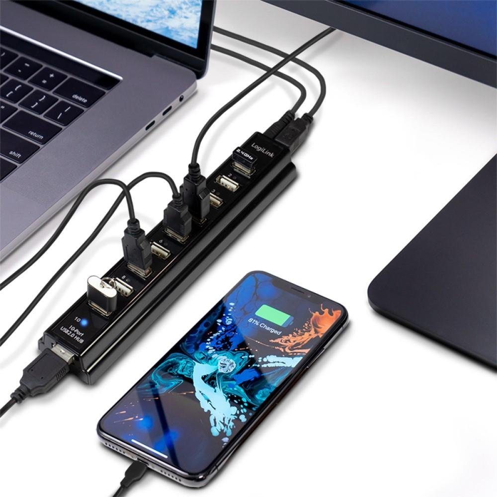 LogiLink USB-Verteiler USB 2.0 Hub 10-Port mit Netzteil aktiv schwarz – Bild 4 von 5