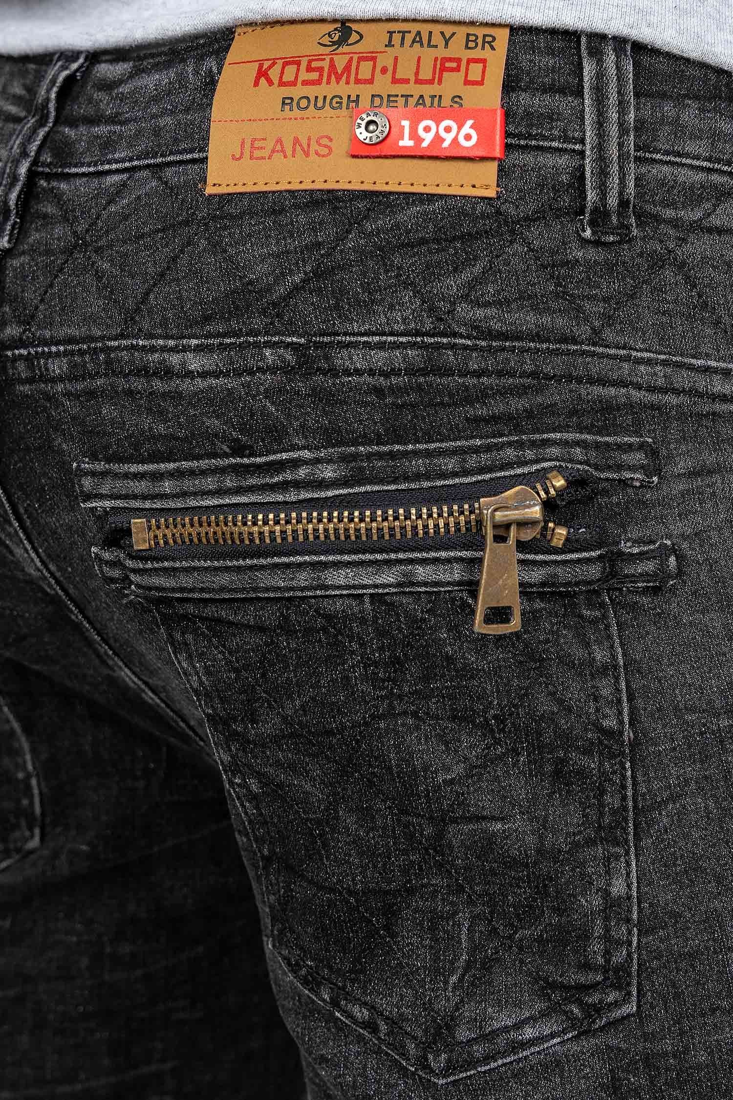und Lupo Hose 5-Pocket-Jeans Auffällige mit Verzierungen schwarz Nieten Herren BA-KM060 Kosmo