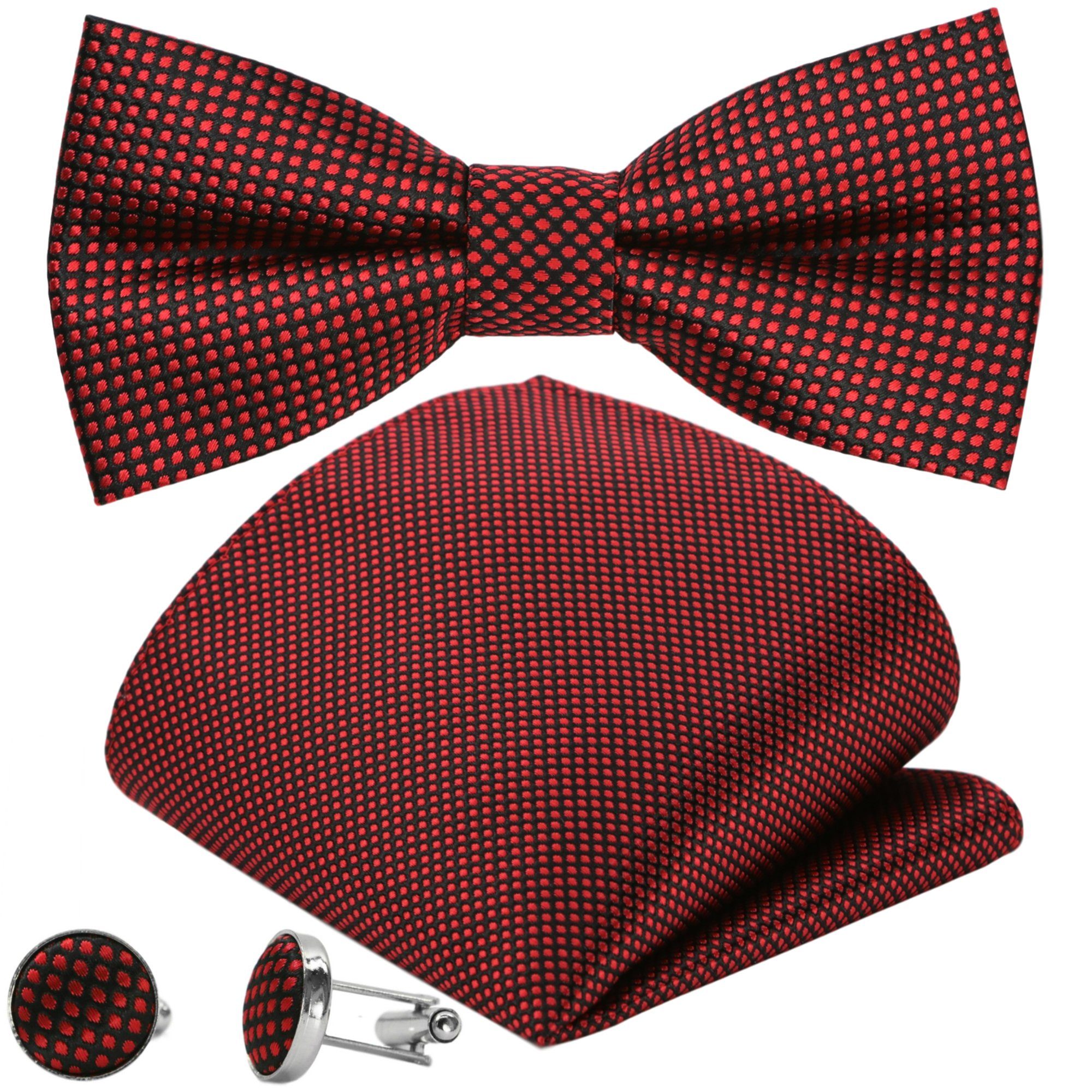 Fliegenset, Touch Fliege Hell-Rot Schleife (Set, Hochzeit Gepunktet Herren-Fliege Punkte Kariert Tupfen, Tuch Seide 3-St., Rubinrot Schwarz Bordeaux-Rot mit Helles Hochzeitsfliege GASSANI Weinrot Manschettenknöpfe) Vorgebunden Einstecktuch, Verstellbar, Karo Festlich,