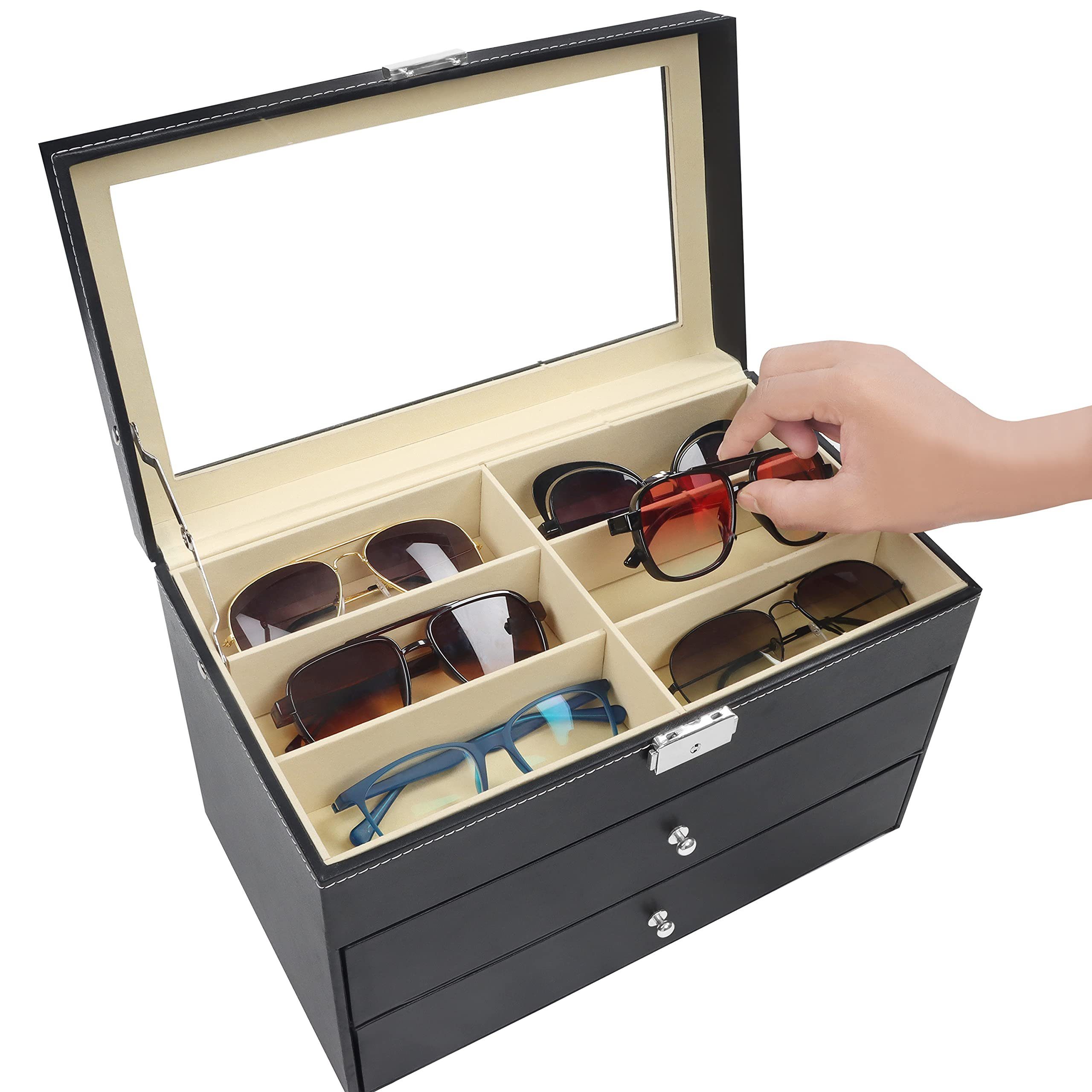 Kurtzy Organizer Brillen- und Sonnenbrillenbox mit 18 Fächern zum  Verschließen, 18-Fach Brillenbox