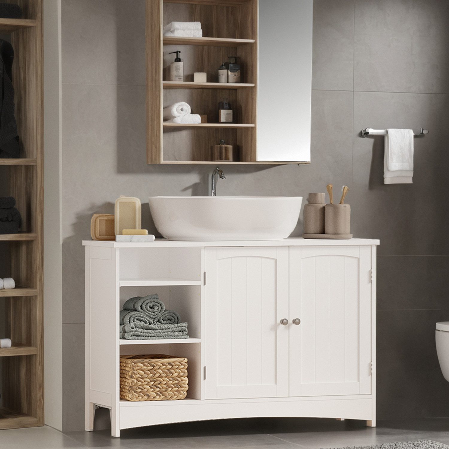 VASAGLE Waschbeckenunterschrank Unterschrank Badezimmerschrank extra lang, Breite 90cm, offene Fächer, höhenverstellbare Ablagen