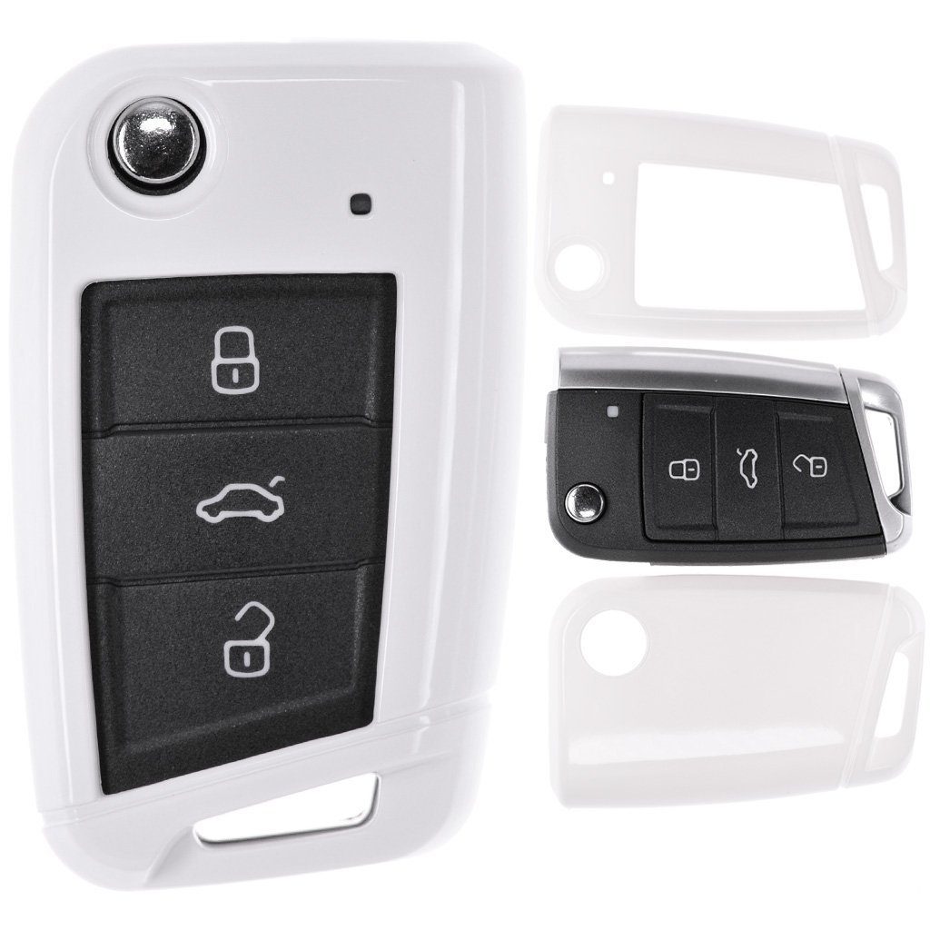 7 Hardcover Polo Schutzhülle Weiß, für Skoda Golf Leon Klappschlüssel Autoschlüssel VW mt-key Superb Octavia Seat Schlüsseltasche