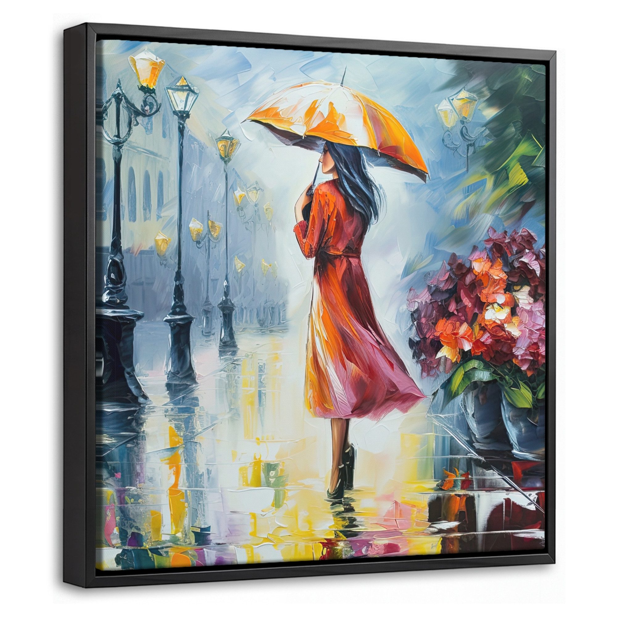 OneMillionCanvasses® Leinwandbild mit Rahmen - Ölfarbenoptik - Regenschirm - Frau - Straße - Kunst, Fotodruck (1 St), Leinwand Bilder Klein, Wand Dekoration Aesthetic 20x20cm