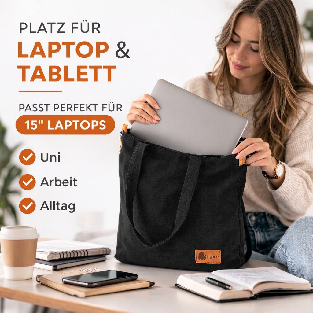 BigDean Umhängetasche Canvas Damen Shopper Schultertasche mit Reißverschluss vielen Fächern (Packung, 1-tlg., Damen-Tasche), Großes Hauptfach, mehrere Innen- un – Bild 4 von 5