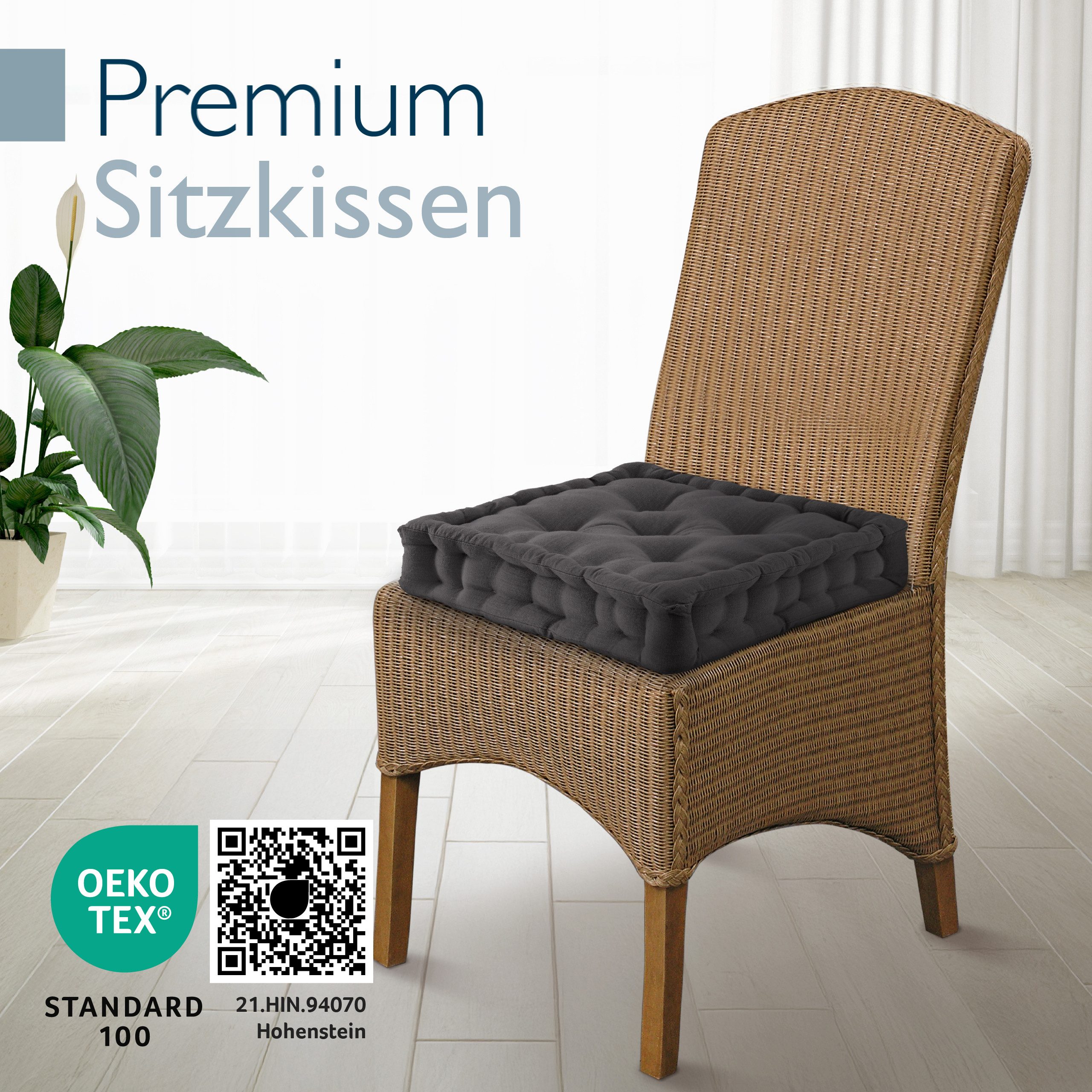 Beautissu Stuhlkissen 4er Set Bodenkissen Sitzkissen Mila, 40x40cm, Anthrazit, Matratzenkissen 10cm, 100% Baumwolle Stuhlkissen Indoor & Outdoor