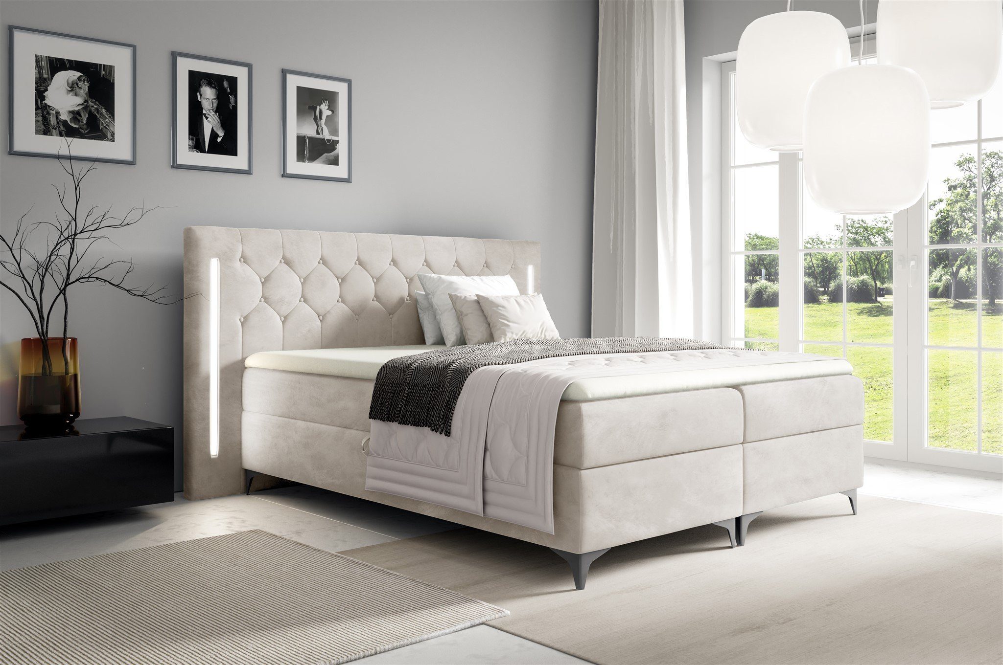 Fun Möbel Boxbett Schlafzimmerbett ELODIE Stoff Monolith oder Fresh (inkl. Kaltschaumtopper, inkl. Bettkästen), Ambiente-Beleuchtung LED (Weiß) inkl. Fernbedienung