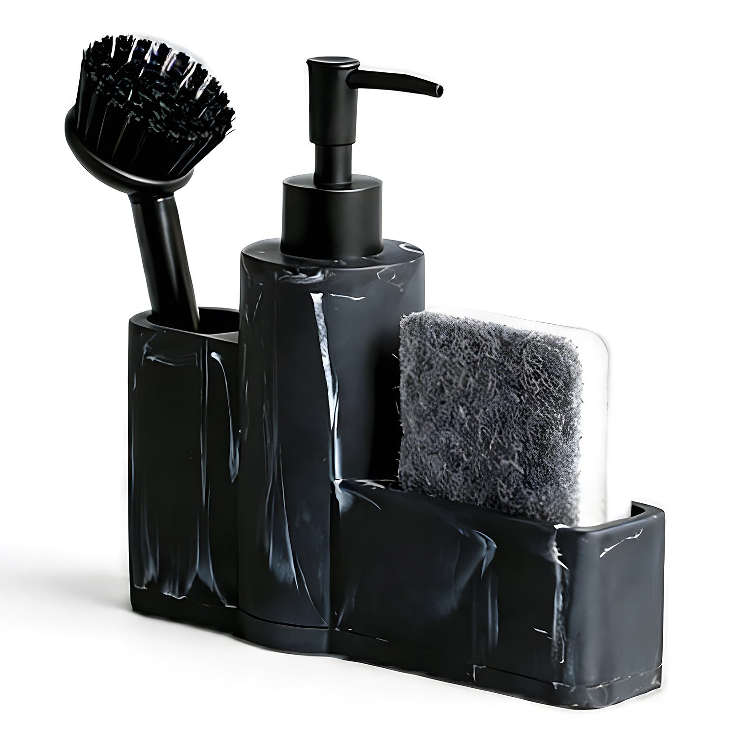 HEYHIPPO Seifenspender Küchenseifenspender,Badezimmer-Accessoire-Set, Spülbürsten-Set schwarz, (3-in-1 Spülbecken-Reinigungsset mit Bürste 20×19,5cm), Marmorstruktur Spülmittelspender,Küchenspülen-Organizer,Schwammhalter