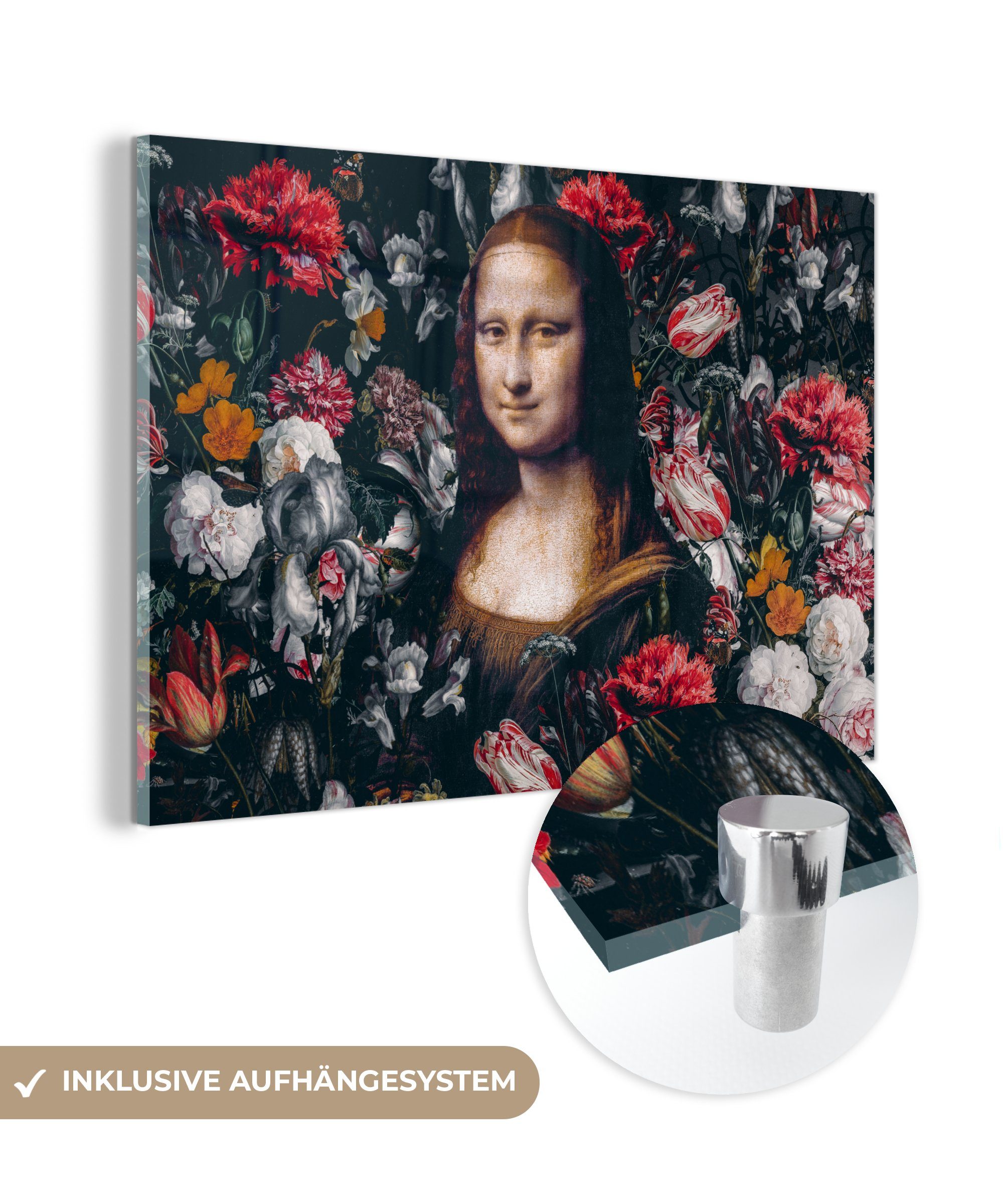 MuchoWow Acrylglasbild Mona Lisa - Da Vinci - Blumen - Gemälde, (1 St), Acrylglasbilder Wohnzimmer & Schlafzimmer bunt
