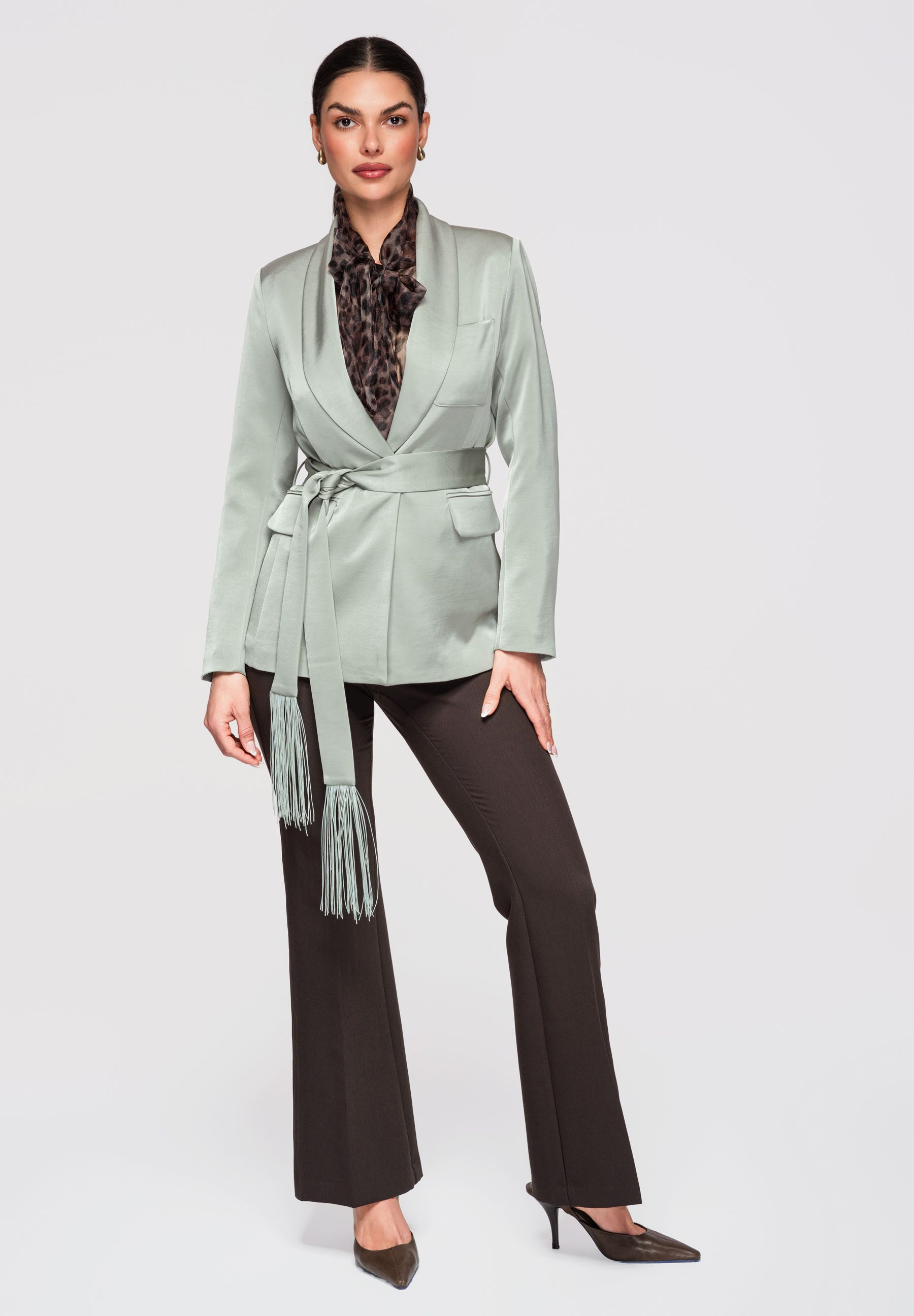 OMBRE Longblazer Damen Blazer Schalkragen Fransen Tailliert Celadon S (kein Set, 1-tlg) Taillierter Schnitt mit Schalkragen und Fransen