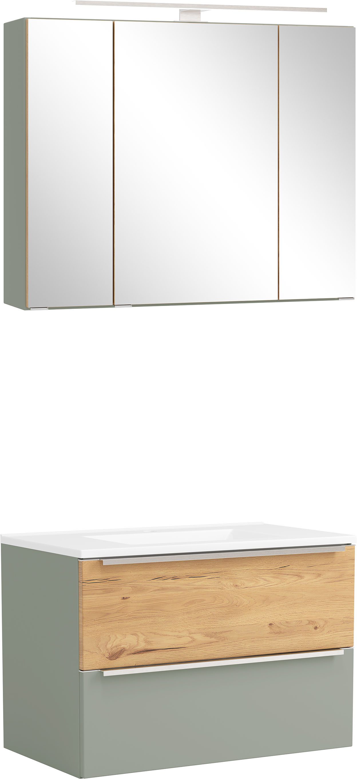 welltime Badmöbel-Set TRIENT, Set: Spiegelschrank und Waschtisch, (2-St., Maße (B/H/T): ca. 80/200/47 cm), schilfgrün/wildeiche, LED-Aufbauleuchte, 2tlg. Waschtisch-Set