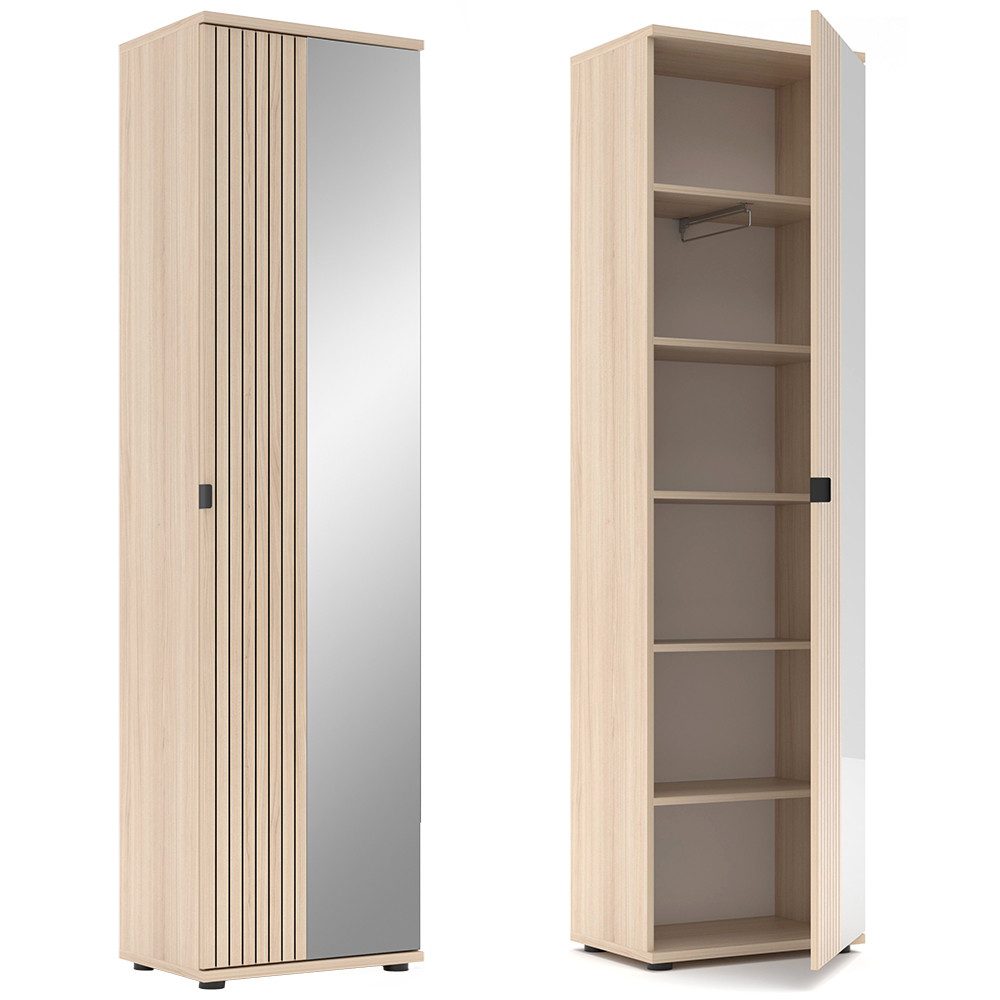 Lomadox Garderoben-Set PALADE-36, (Spar-Set, 4-St., Garderobenschrank Spiegel Hakenpaneel Schuhschrank), in Eiche mit grau, Rillenoptik, LED-Beleuchtung
