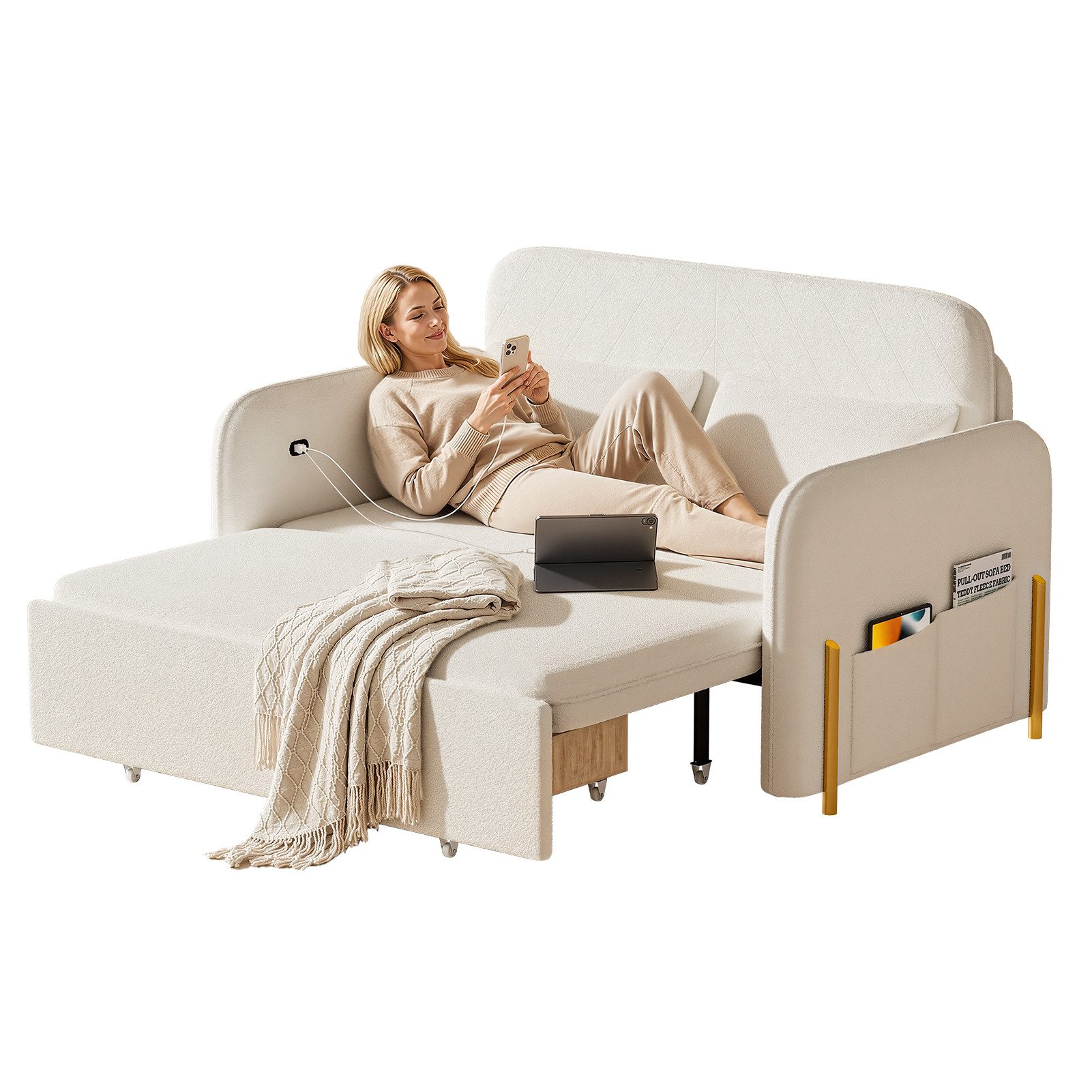 Rutaqian Sofaschoner 70 Inch Convertible Sofa Bed with Charging Station Side Pocket, Ausziehbares Schlafsofa, klappbares Zweisitzer-Schlafsofa für Schlaf