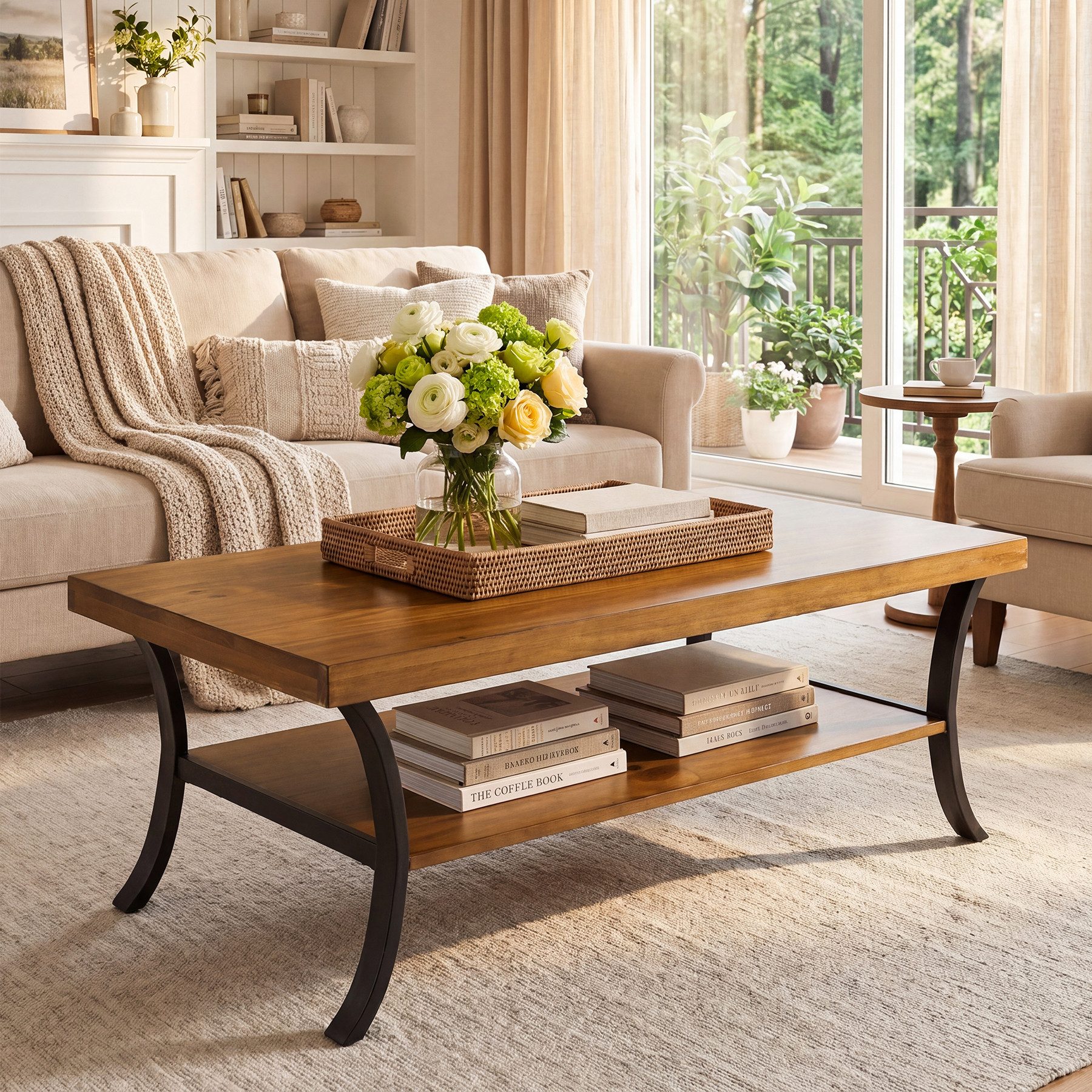 Tribesigns Couchtisch Massivholz 120 cm Wohnzimmertisch 2 Ebenen, mit gebogenen Metallbeinen