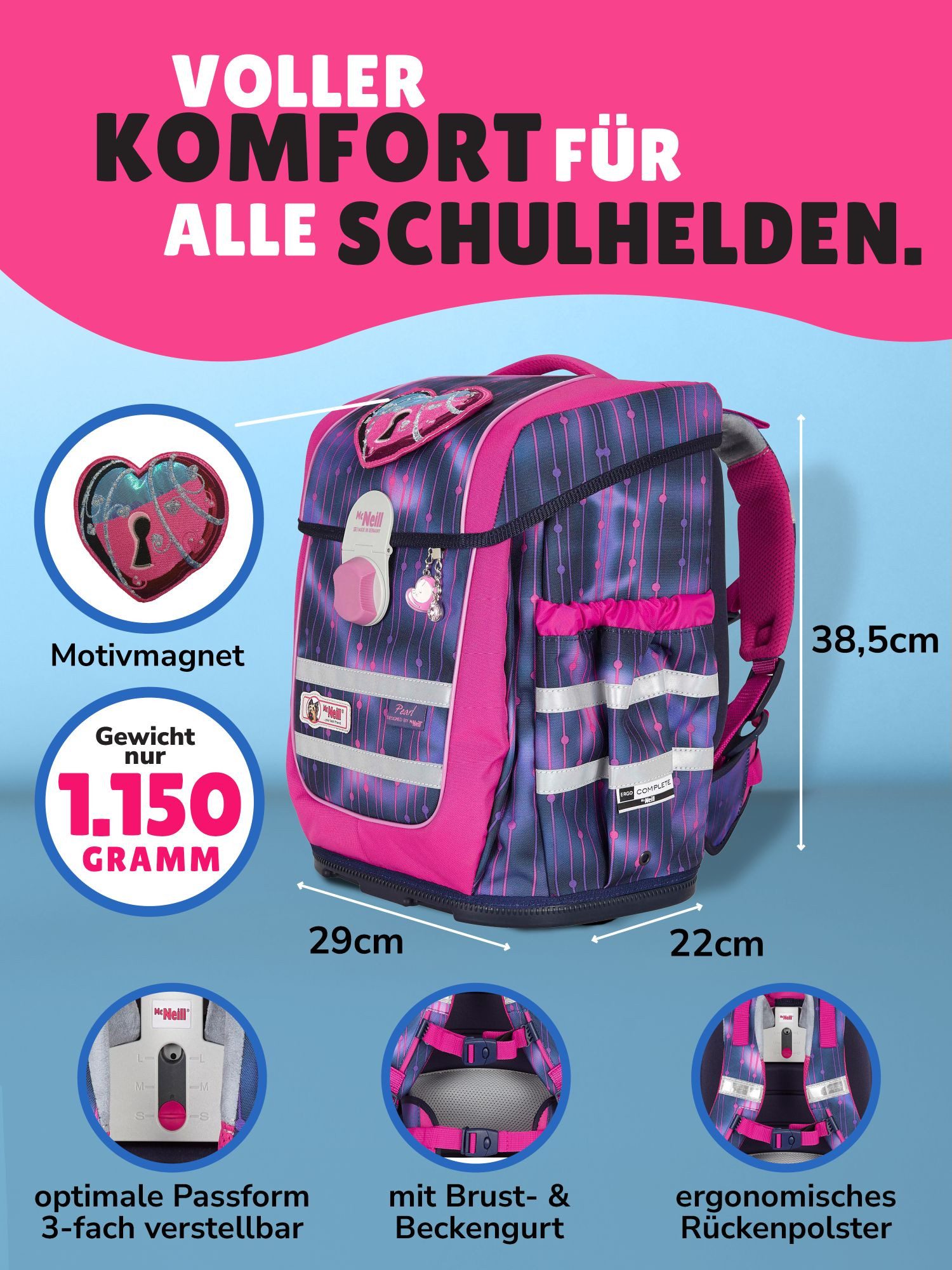 McNeill Schulranzen Ergo Complete "Pearl" Mädchen Schultasche Lila Pink ab der 1. Klasse (Set, 9-tlg., inkl. Federmäppchen und Sporttasche), ergonomisch; mit Brustgurt; verstellbar - wächst mit dem Kind mit