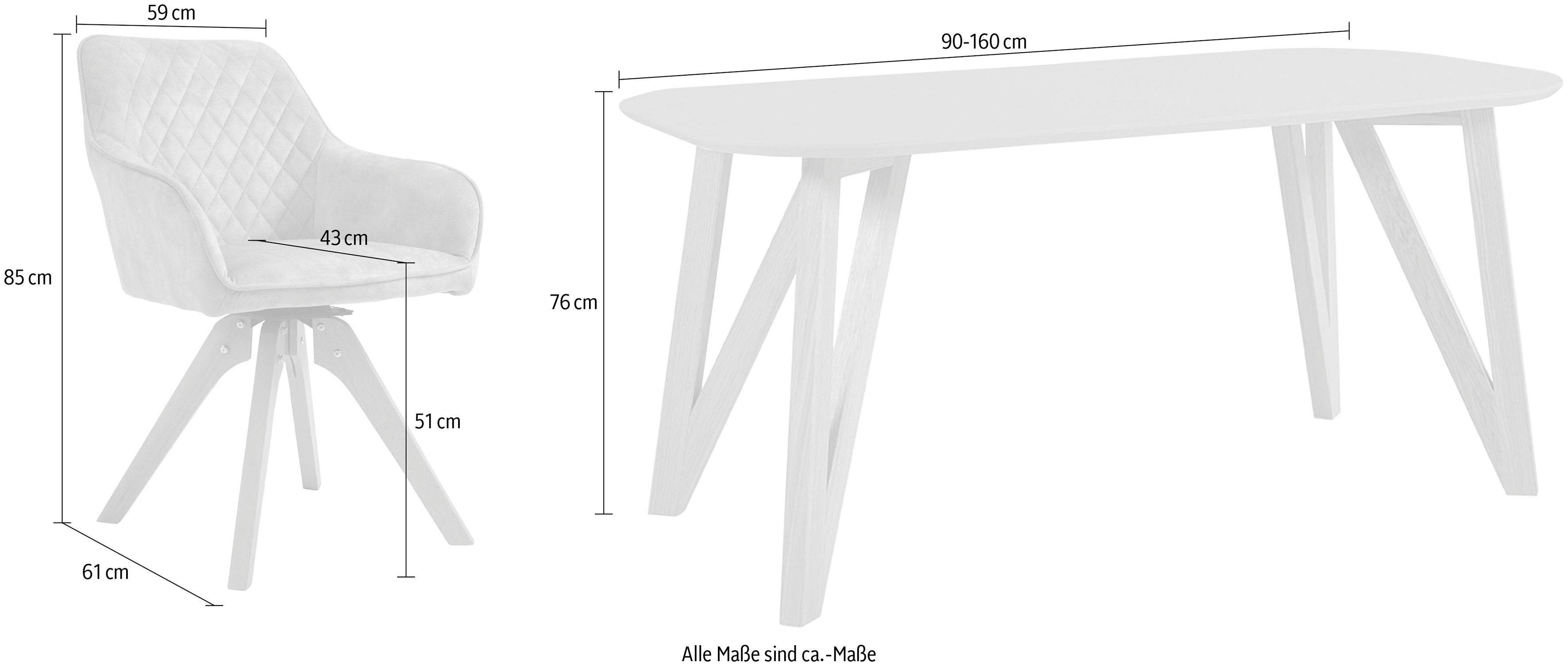 180 180° Tischbreite (5-tlg), mit Stühle grau cm, Essgruppe, SalesFever drehbar, Samtverlours