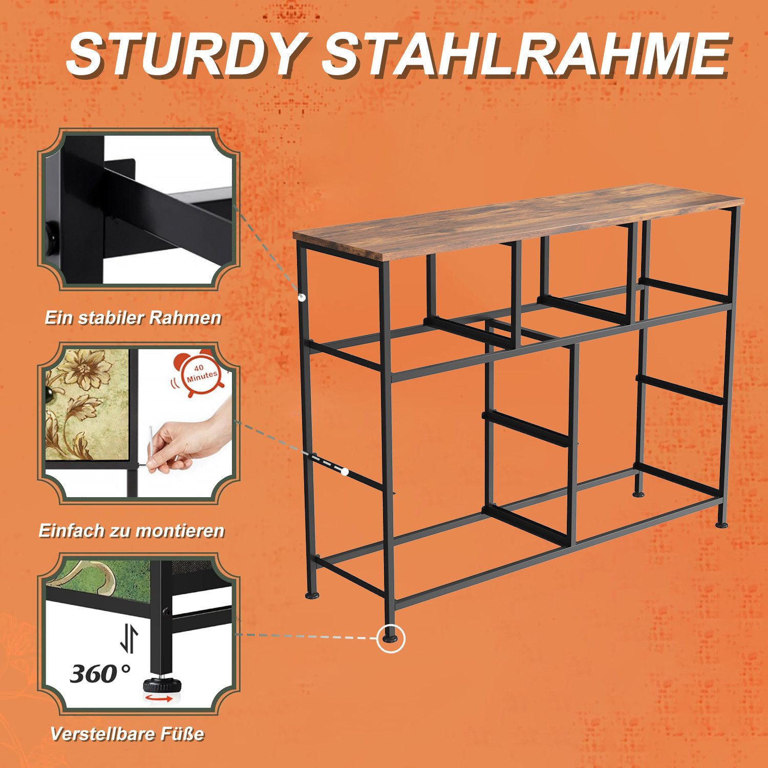 PXloue Kommode Sideboard Schubkastenkommode, 7 Schubladen, Retro-Stil, Blumenstoff, Breite 100cm