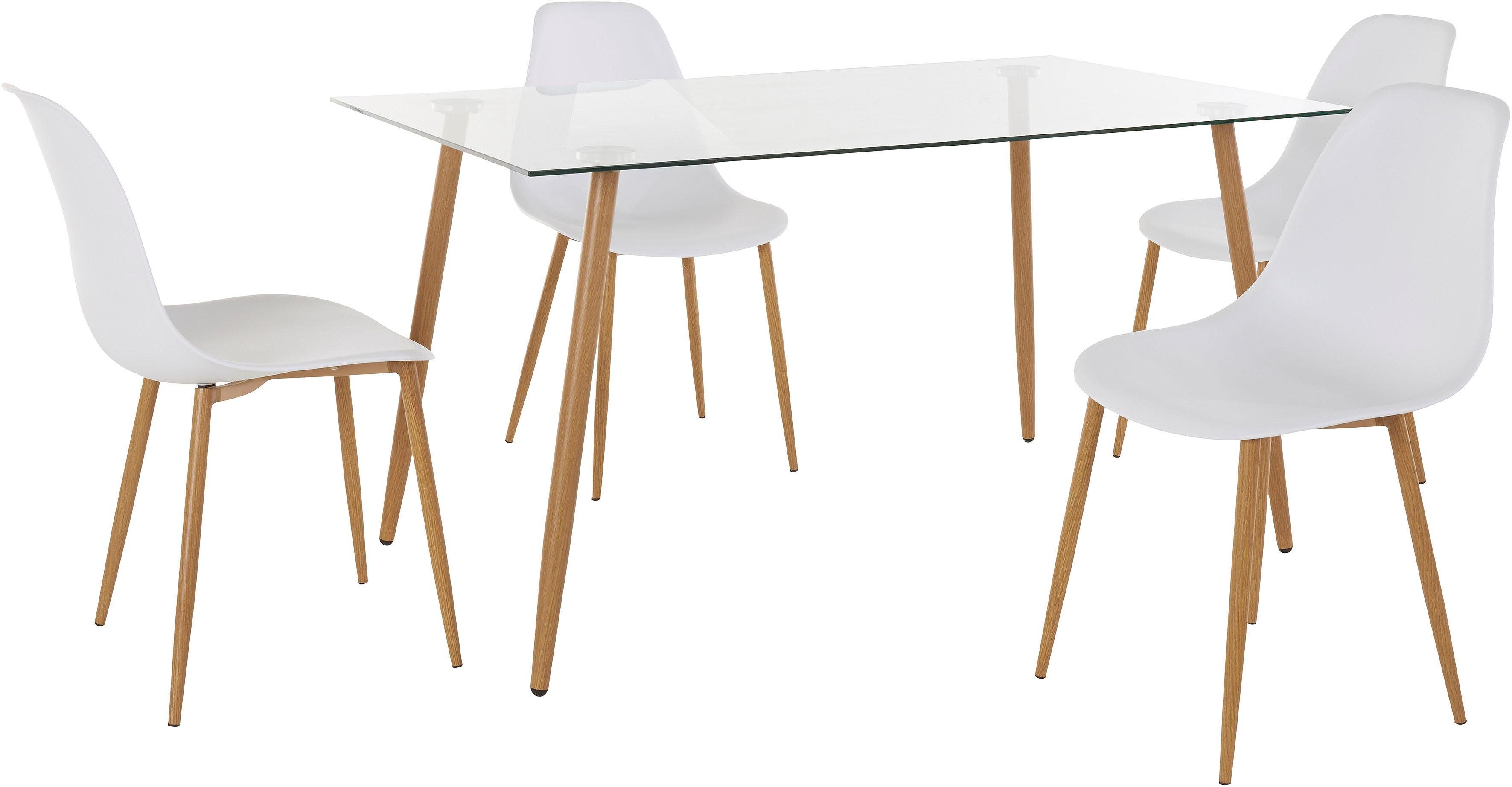 5-tlg), weiss 4 (Set, (Kunststoffschale) Stühlen Essgruppe Miller, mit INOSIGN Eckiger Glastisch