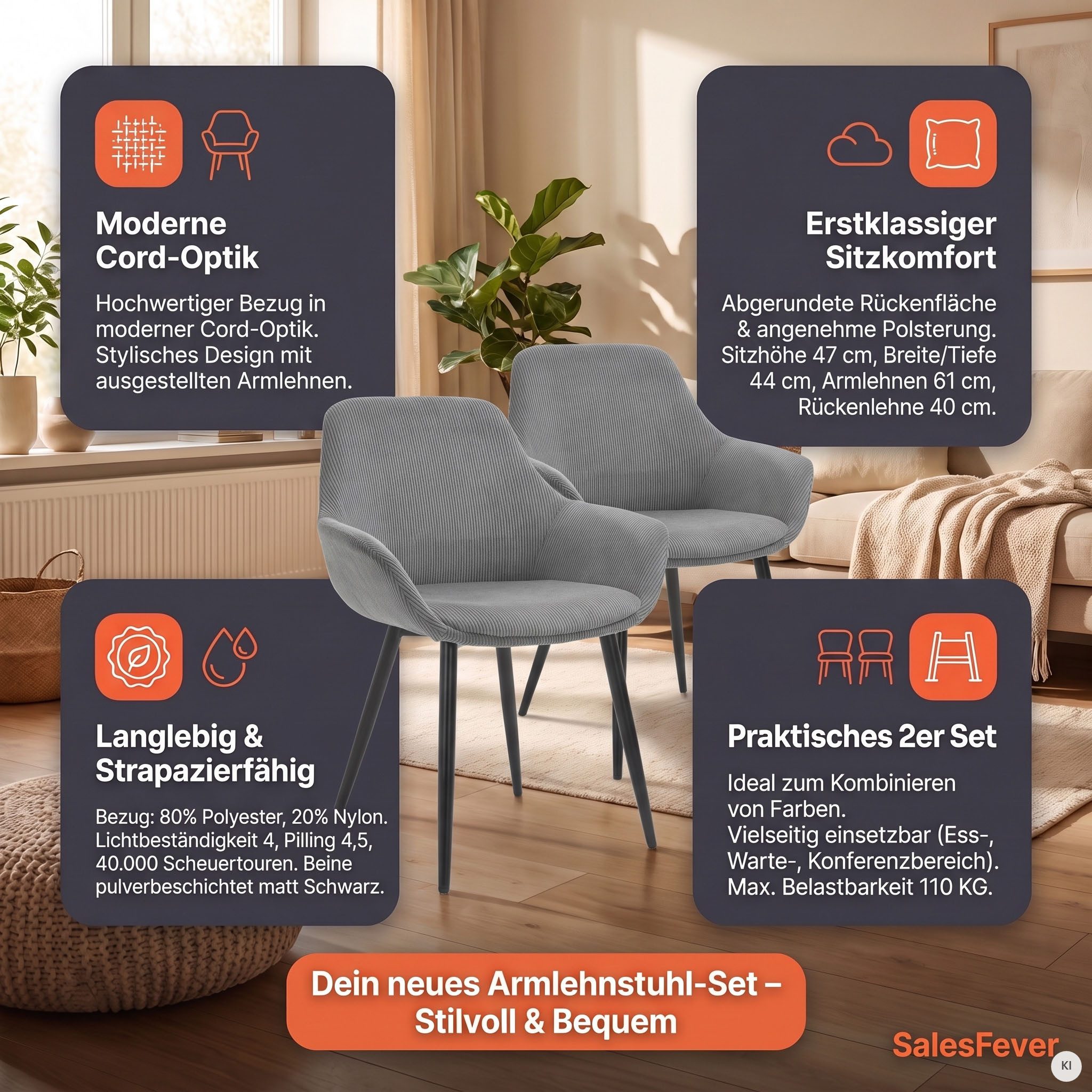 SalesFever Armlehnstuhl Komfortabler Esszimmerstuhl im zeitlosen Design (Set, 2 St), Bezug in Cord-Optik – Bild 5 von 5