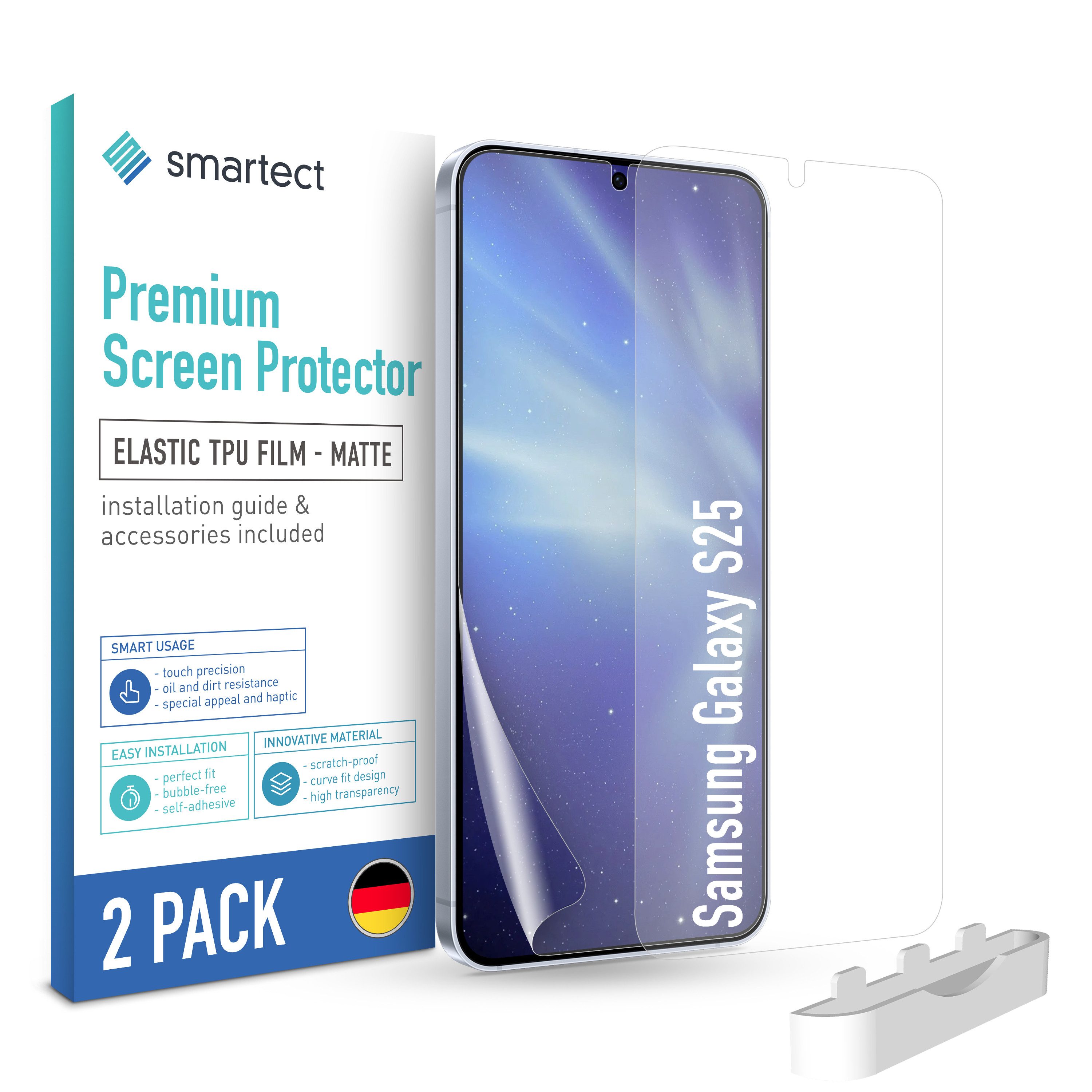 smartect Displayschutzfolie TPU Schutzfolie Matt für Samsung Galaxy S25, 2 x Front für Samsung Galaxy S25, 2 Stück, Anti-Fingerabdruck, Blasenfreie Installation