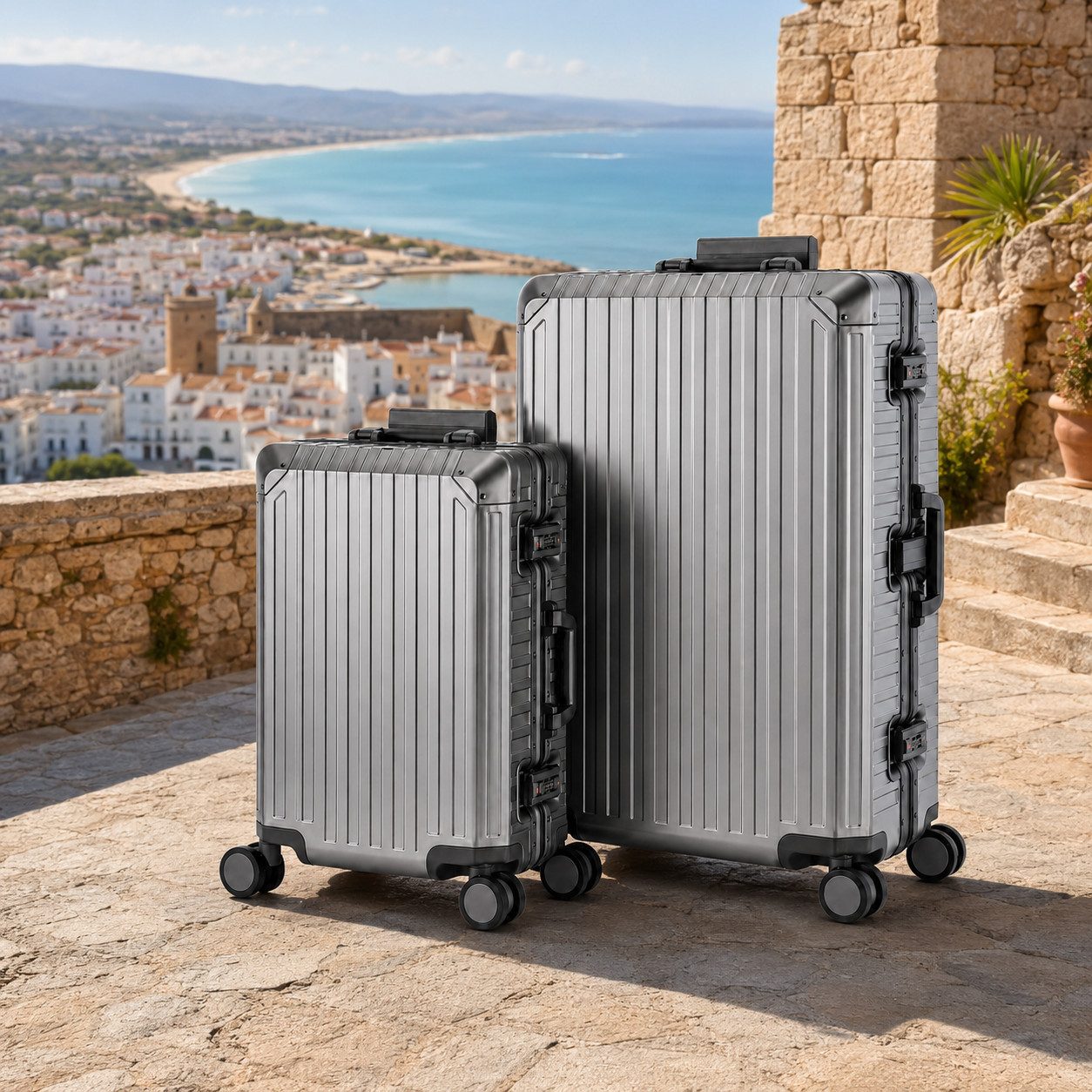 Travelhouse Kofferset 100% Aluminium TOKYO - verschiedene Farben, 4 Rollen, (2 tlg., S+L), mit stabilem Aluminium-Gehäuse, mit verstärkten Ecken