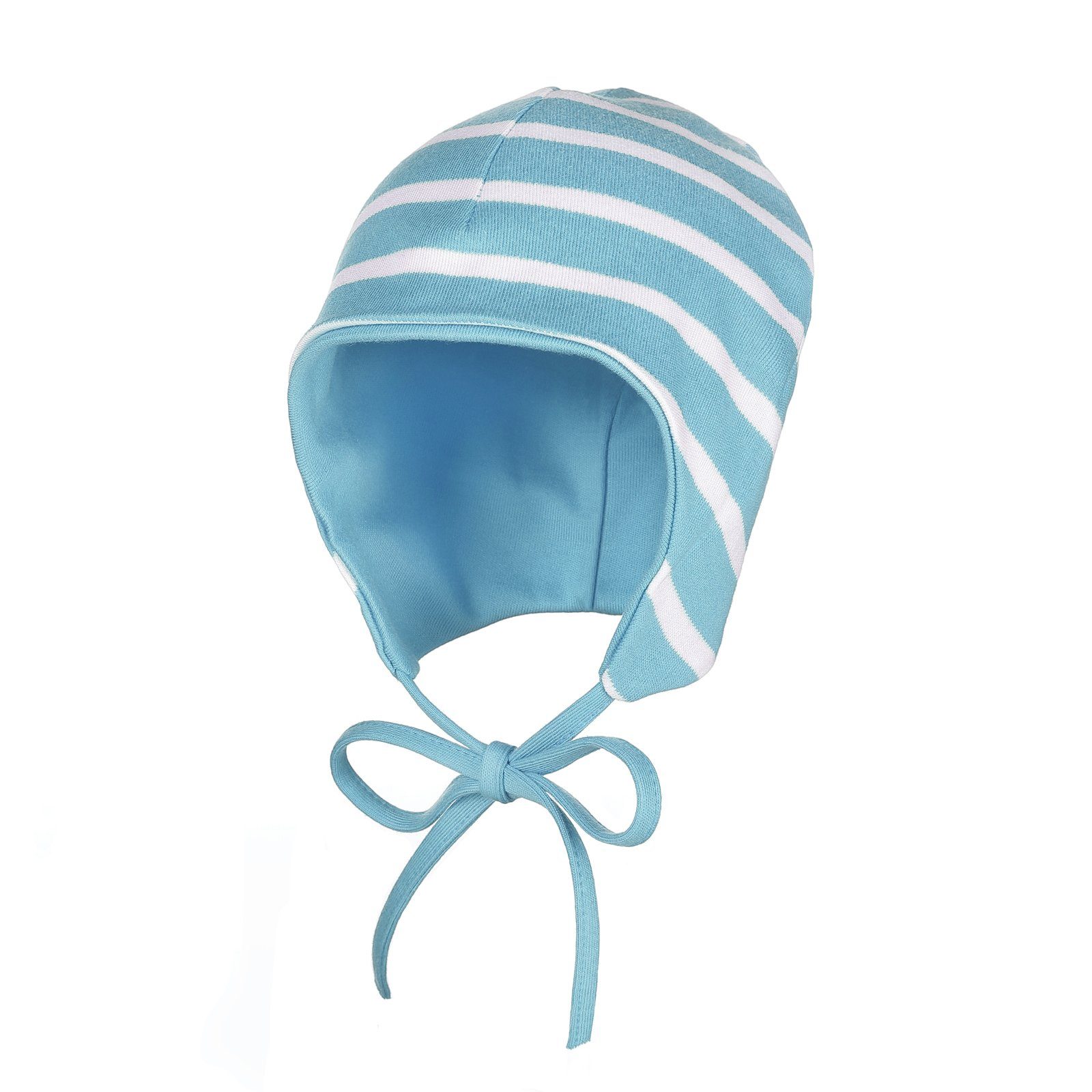 modAS Jerseymütze Baby Mütze Baumwolle - Kopfbedeckung mit Bindeband und Ohrenschutz (18) aqua / weiß