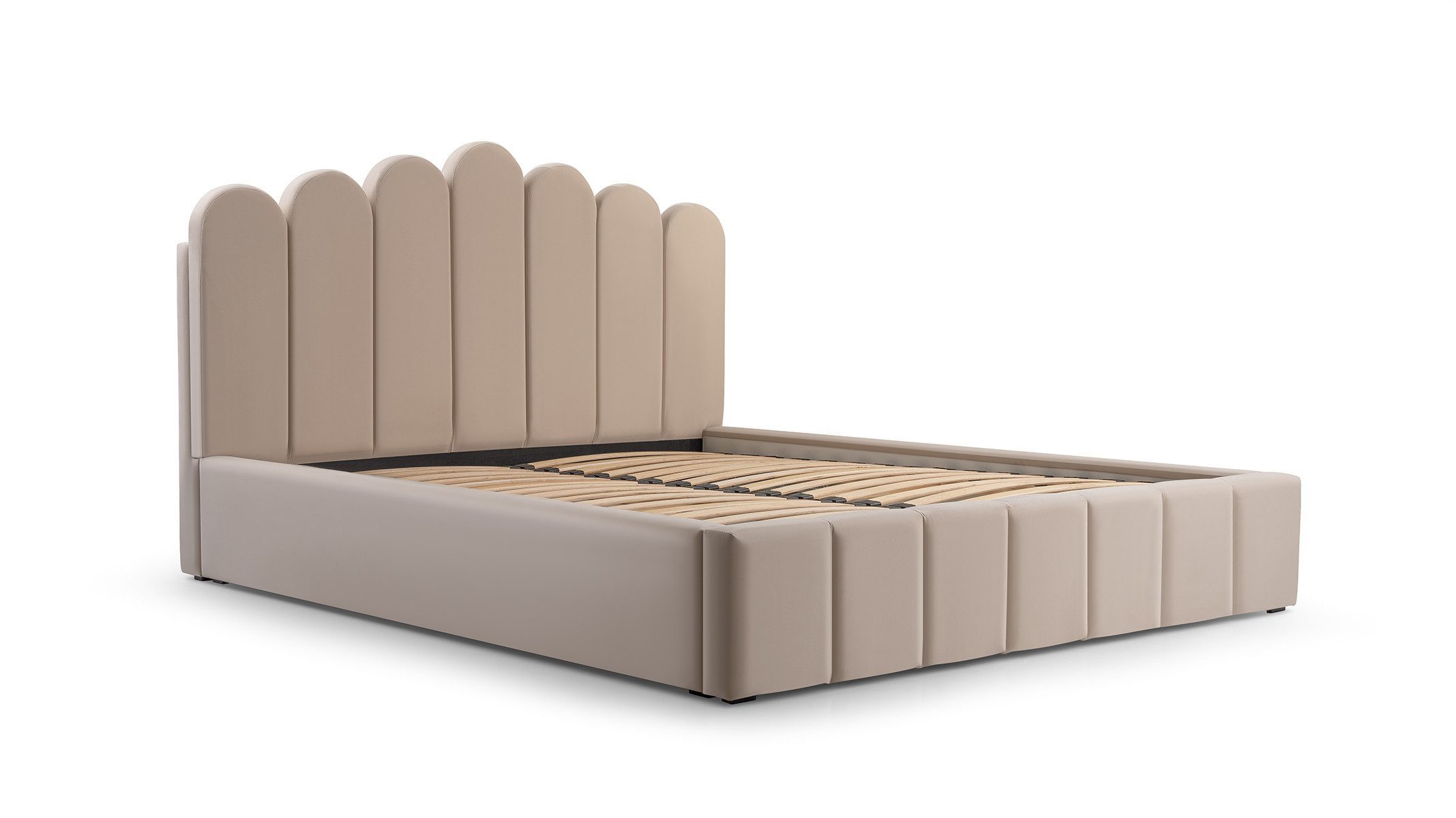 MOEBLO Polsterbett Bett 03 (Double Doppelbett mit Kopfstütze, Rahmenbettgestell, mit Bettkasten und Lattenrost), gepolstertes Kopfteil