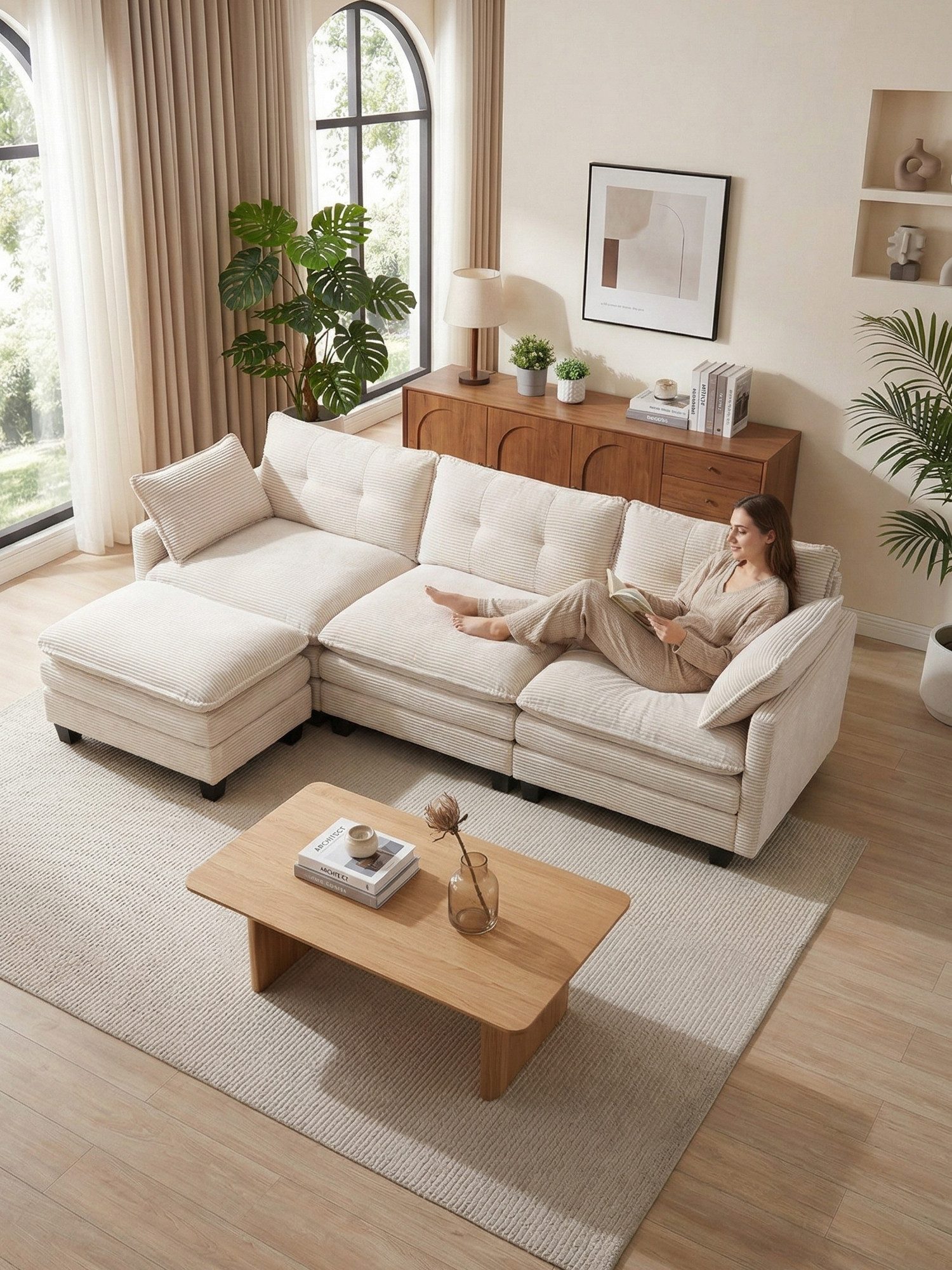 FiveWillowise Loungesofa 3-Sitzer Sofa mit Hocker, höhenverstellbar, Cord, 1 Teile, L-Form Schlafsofa mit verschieblichem Hocker, 284x144x87 cm