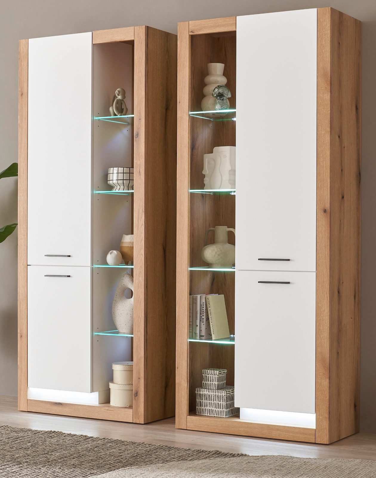 Furn.Design Stauraumvitrine Rivian (Set 2x Vitrine in Evoke Eiche und Weiß, gesamt 180 x 195 cm) 20 Fächer